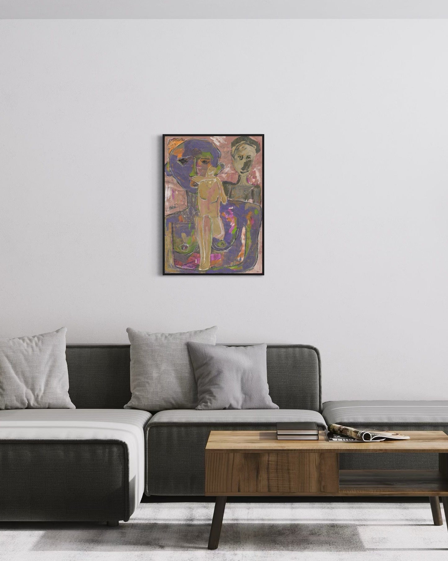 Modern living room with a gray sectional sofa, wooden coffee table, and colorful abstract painting on the wall.