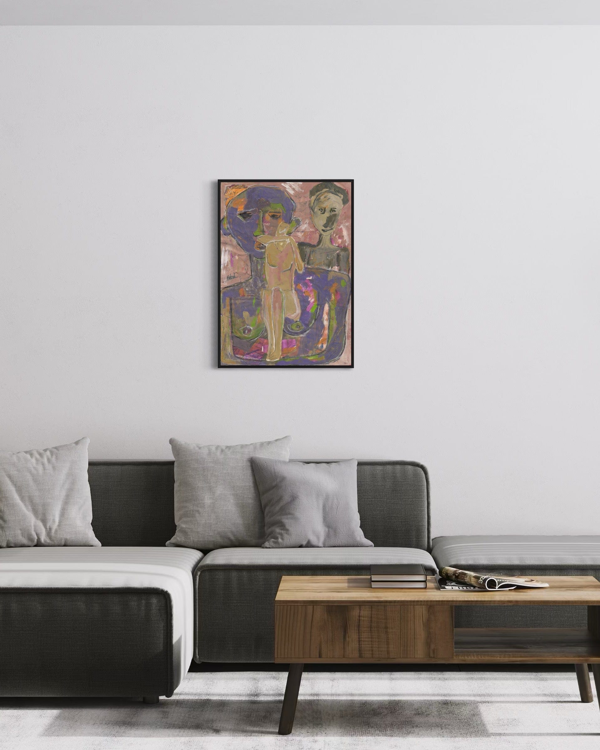 Modern living room with a gray sectional sofa, wooden coffee table, and colorful abstract painting on the wall.