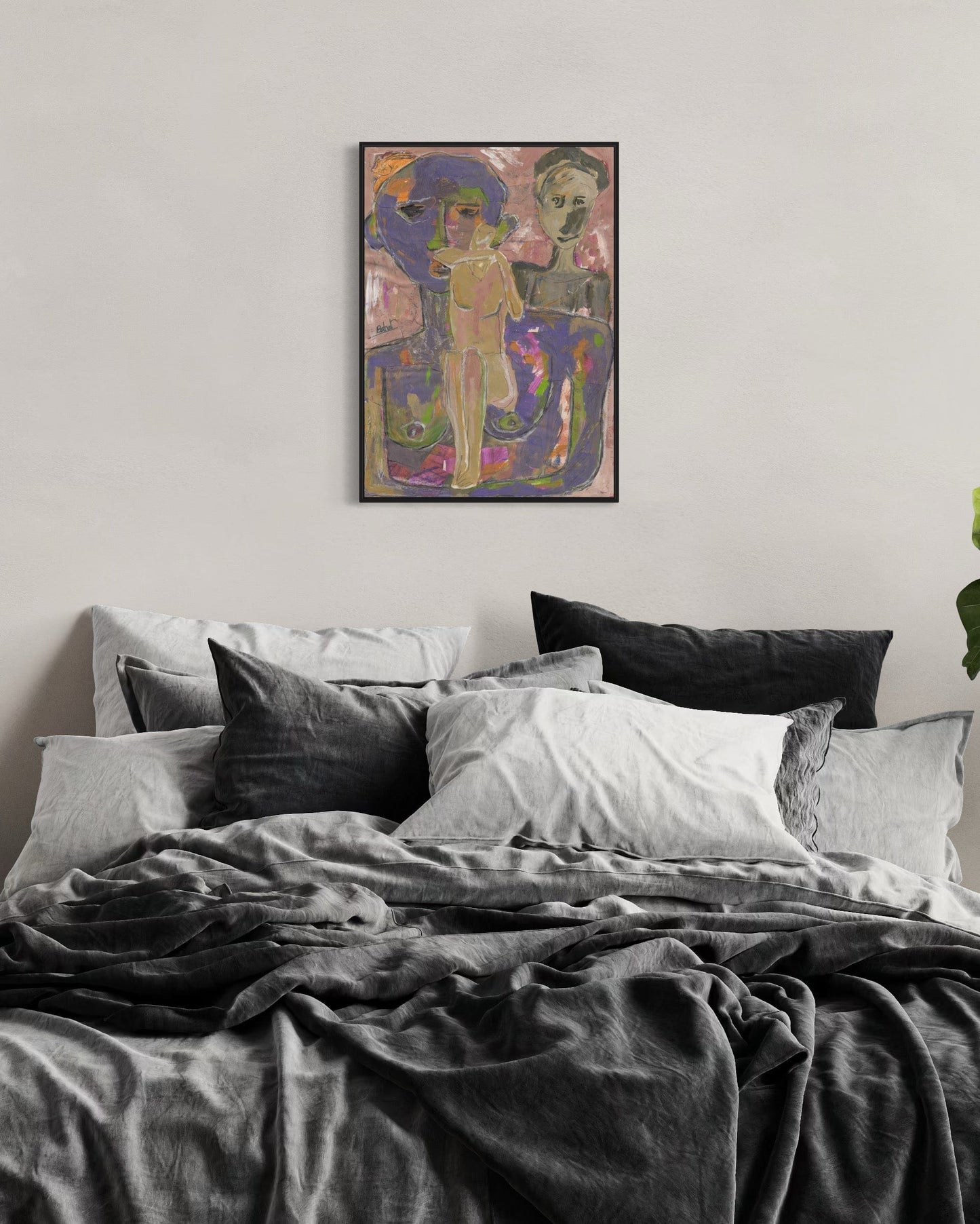 Bedroom with a colorful abstract painting on the wall above the bed.