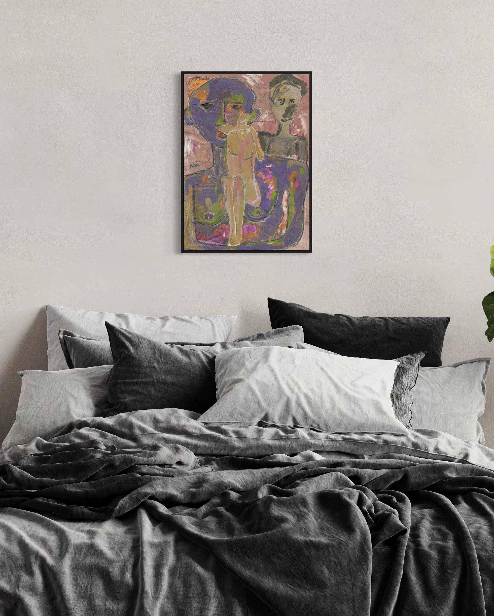 Bedroom with a colorful abstract painting on the wall above the bed.