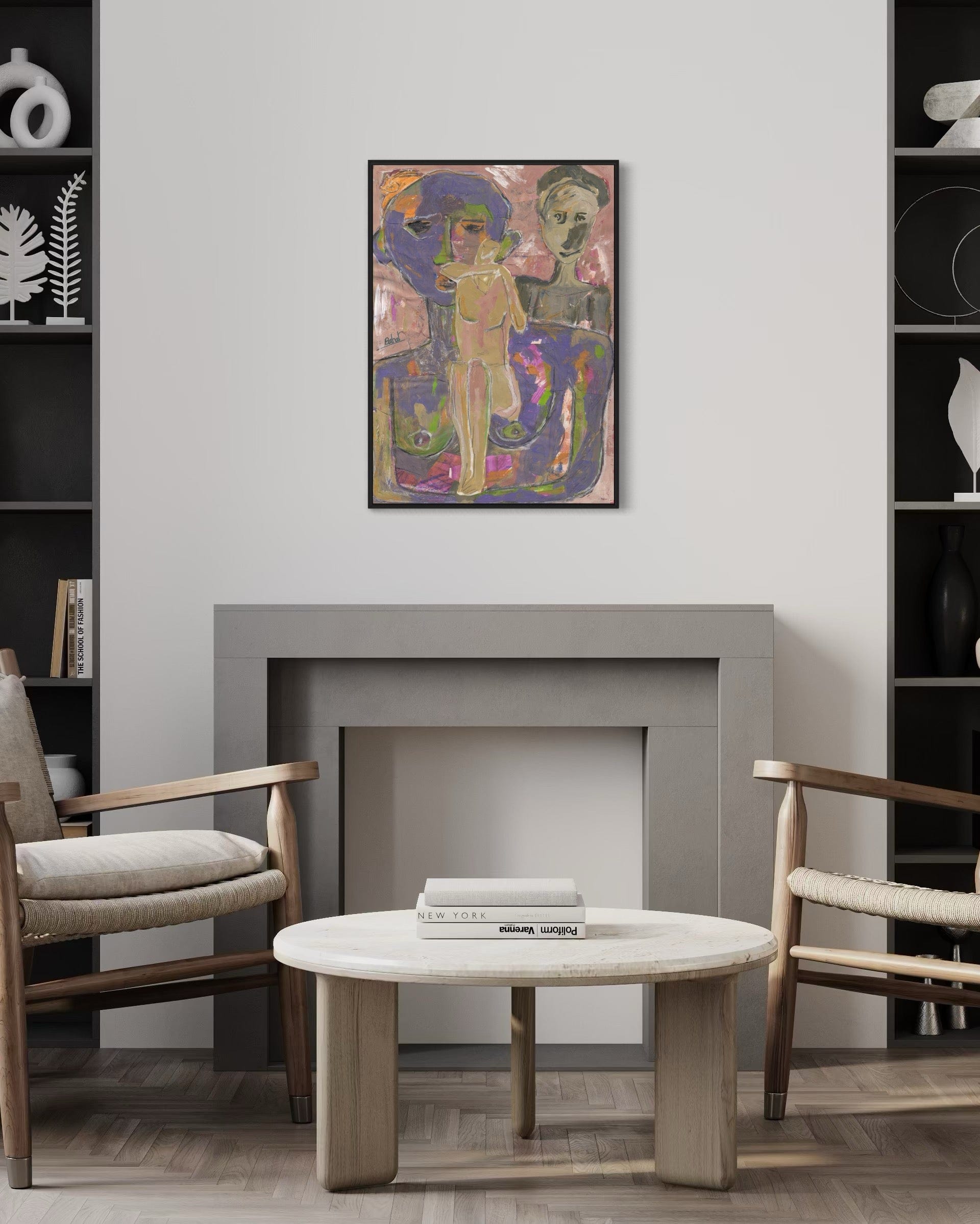 Living room with a fireplace, coffee table, chairs, and a colorful abstract painting on the wall.