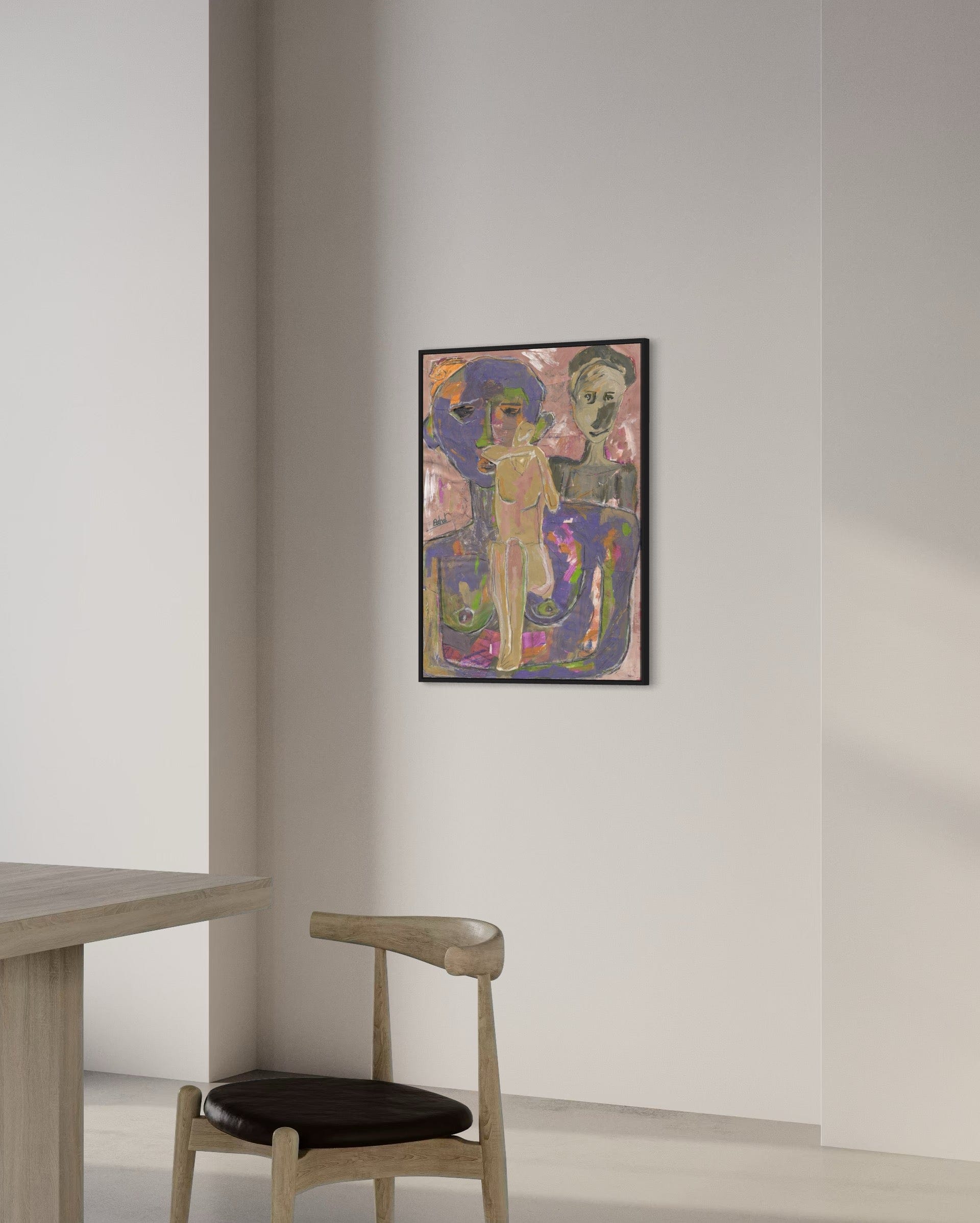 Colorful abstract painting on a white wall above a wooden chair and table.