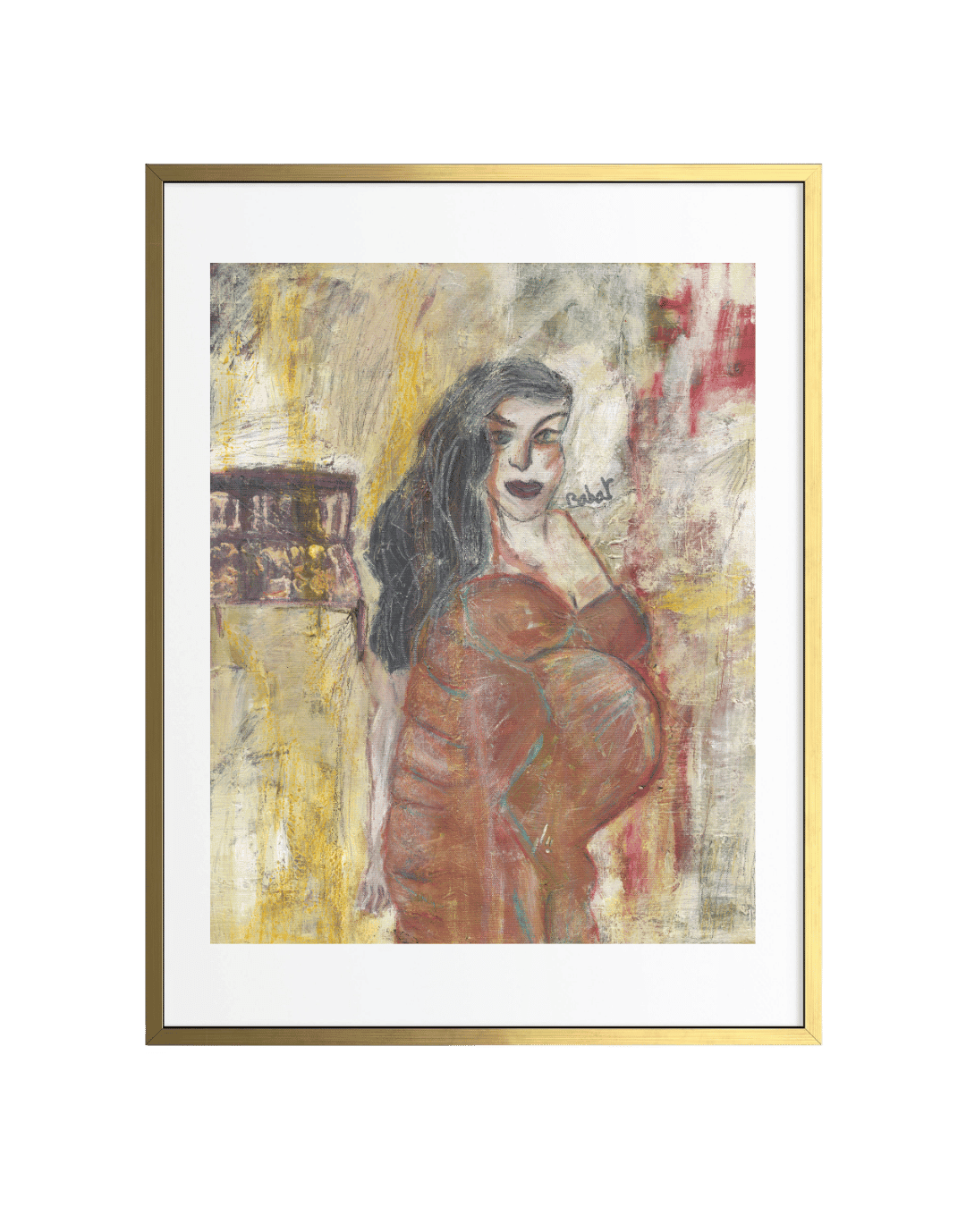 Framed abstract artwork of a woman with a green background