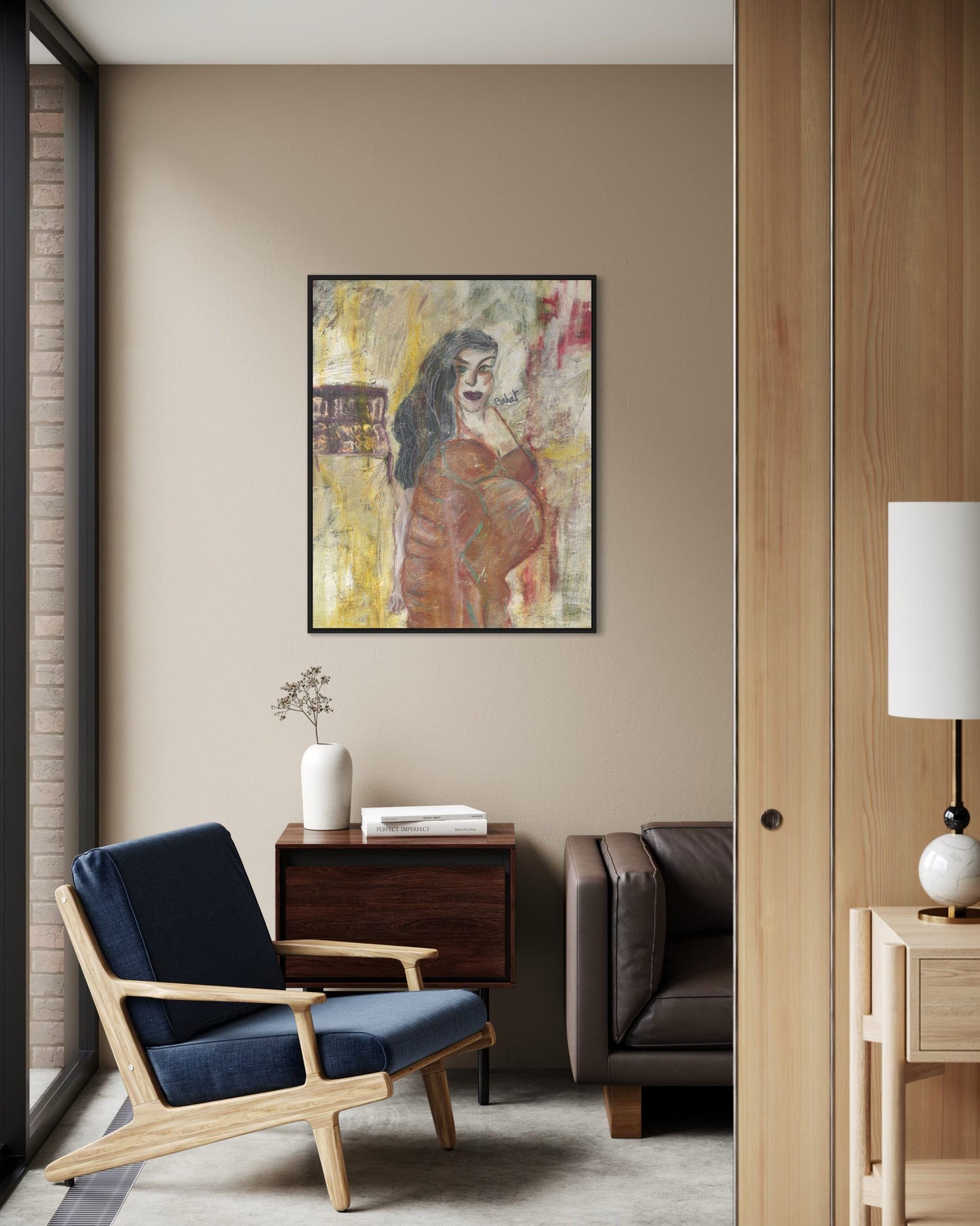 Modern living room with a blue armchair, brown sofa, and abstract painting on the wall.