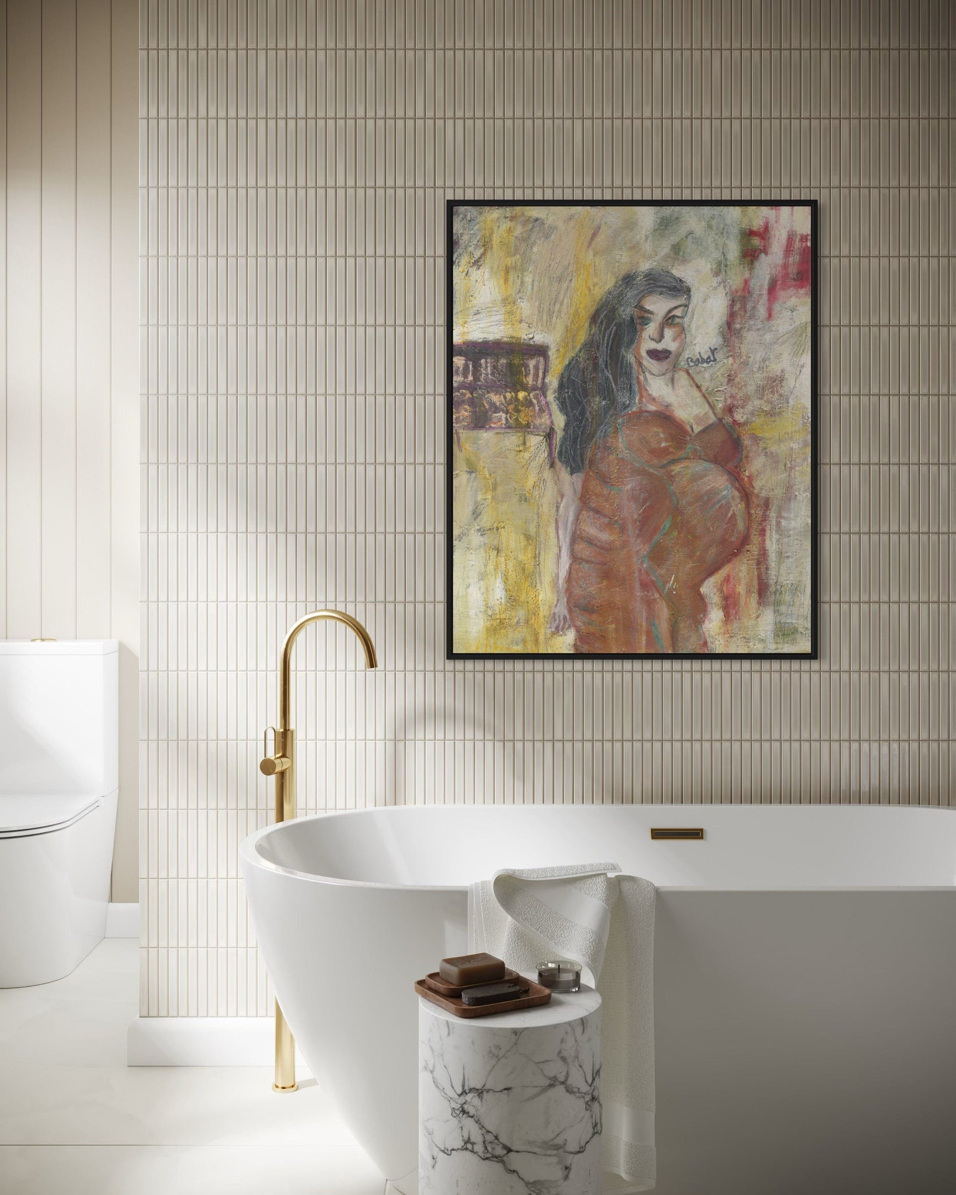 Modern bathroom with a freestanding bathtub, gold faucet, and abstract painting on the wall.