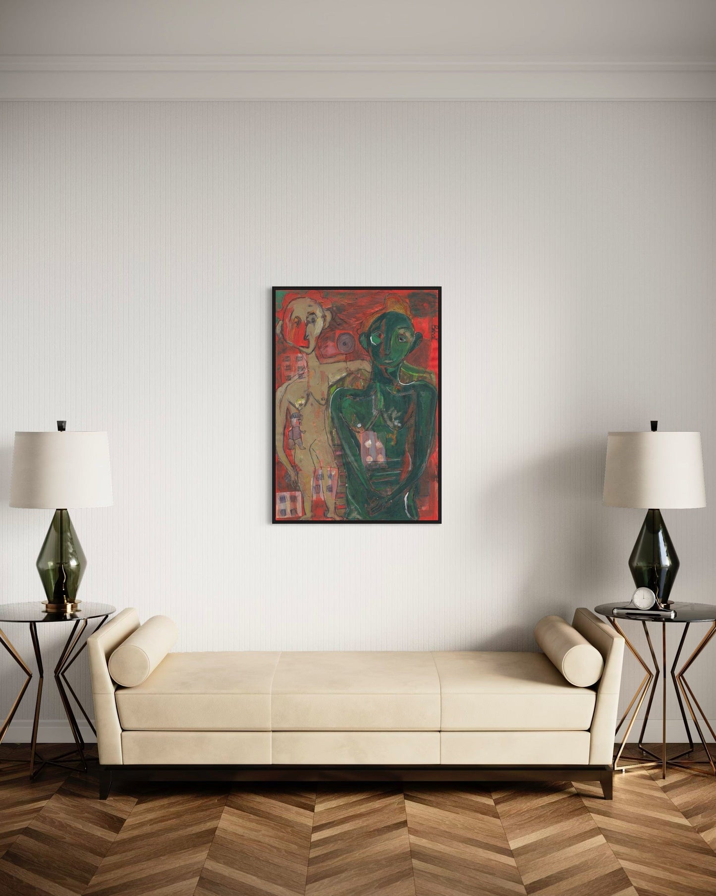 Modern living room with a beige sofa, two lamps on side tables, and a colorful abstract painting on the wall.
