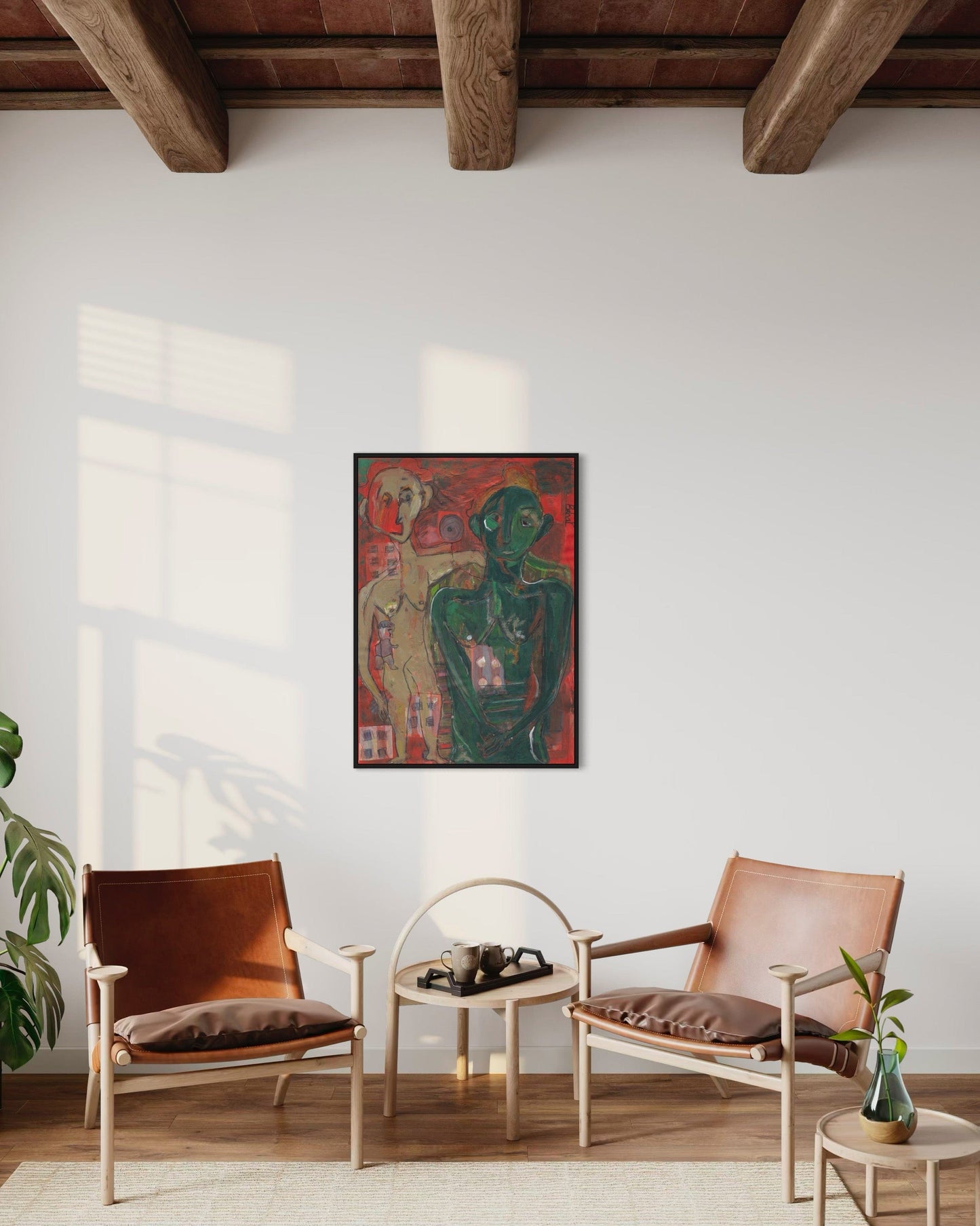 Modern living room with two brown chairs, a small table, and a colorful abstract painting on the wall.