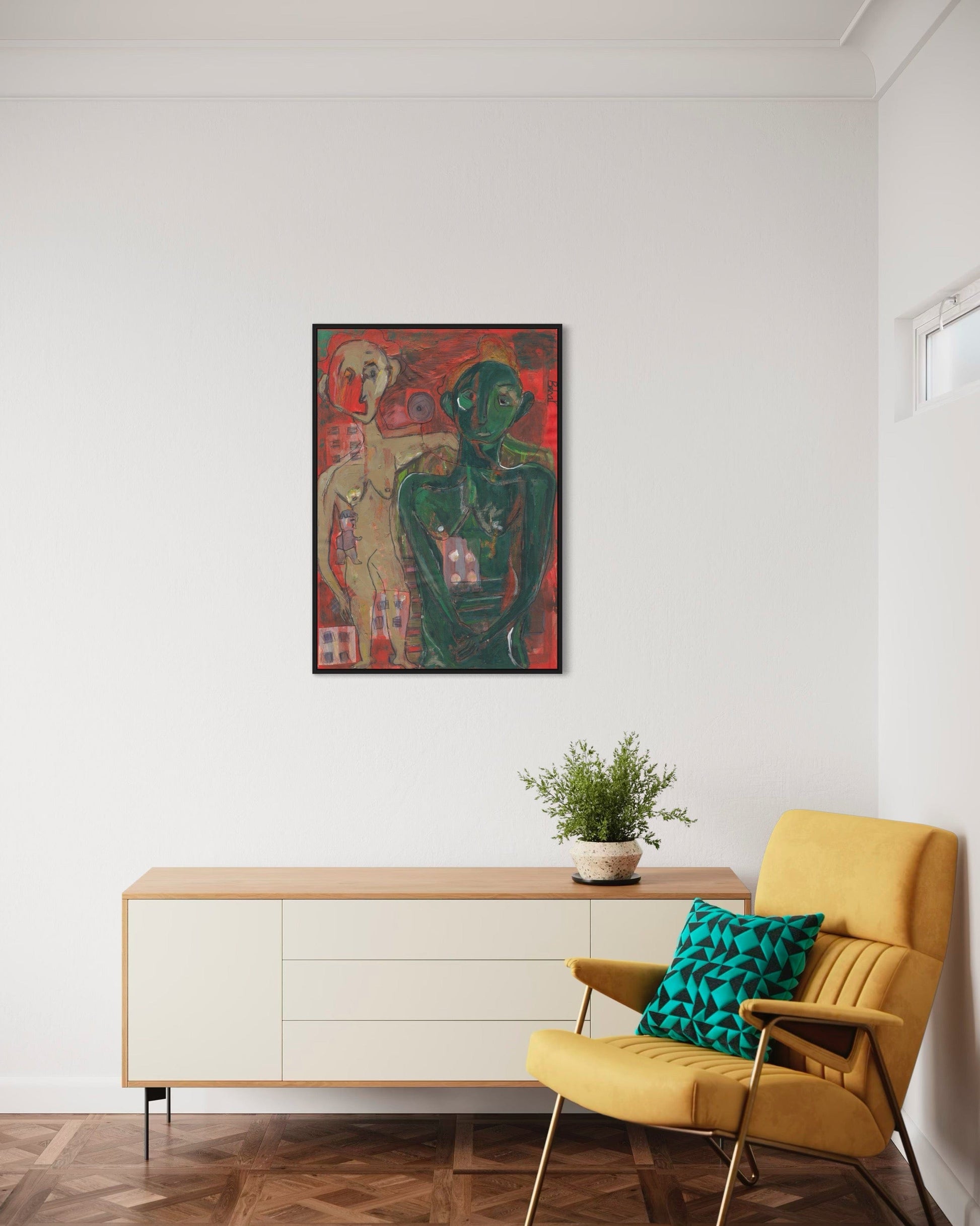 Modern interior with a yellow armchair, sideboard, and colorful abstract painting on the wall.