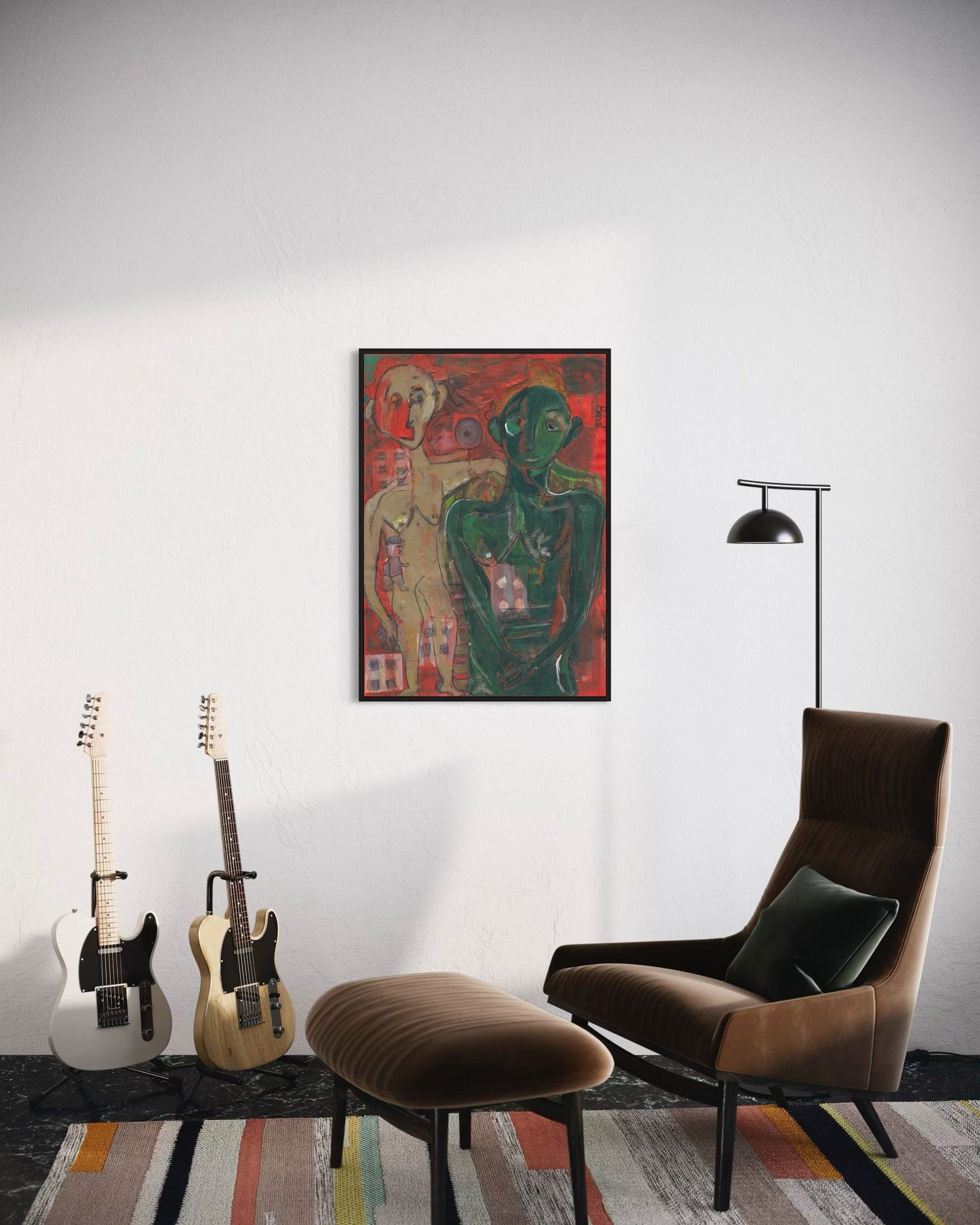 Modern living room with a brown armchair, ottoman, and two guitars against a white wall with a colorful abstract painting.