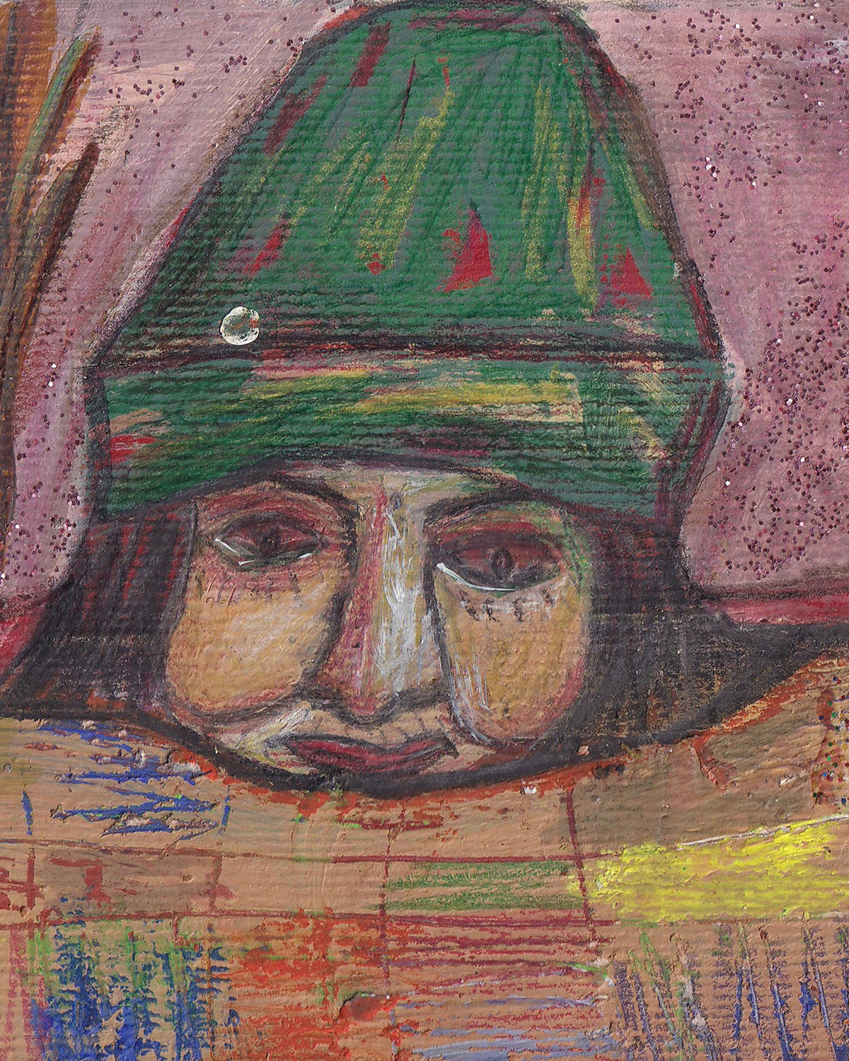 Abstract artwork with a face wearing a green hat on a textured background