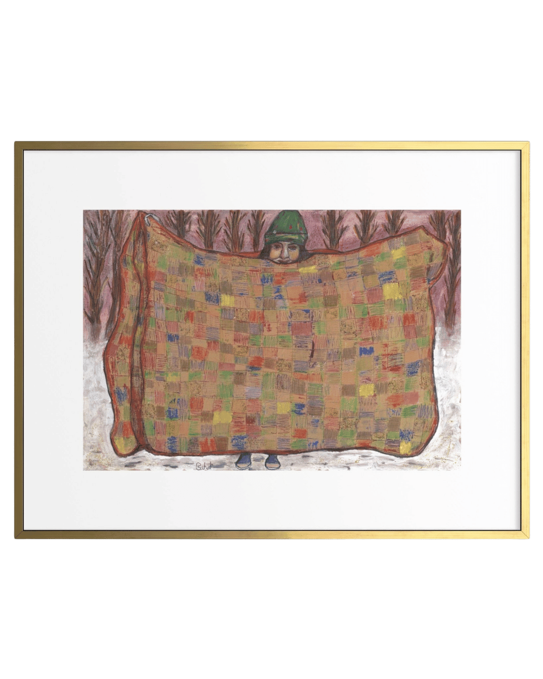 Framed artwork of a person holding a colorful quilt in a forest setting.