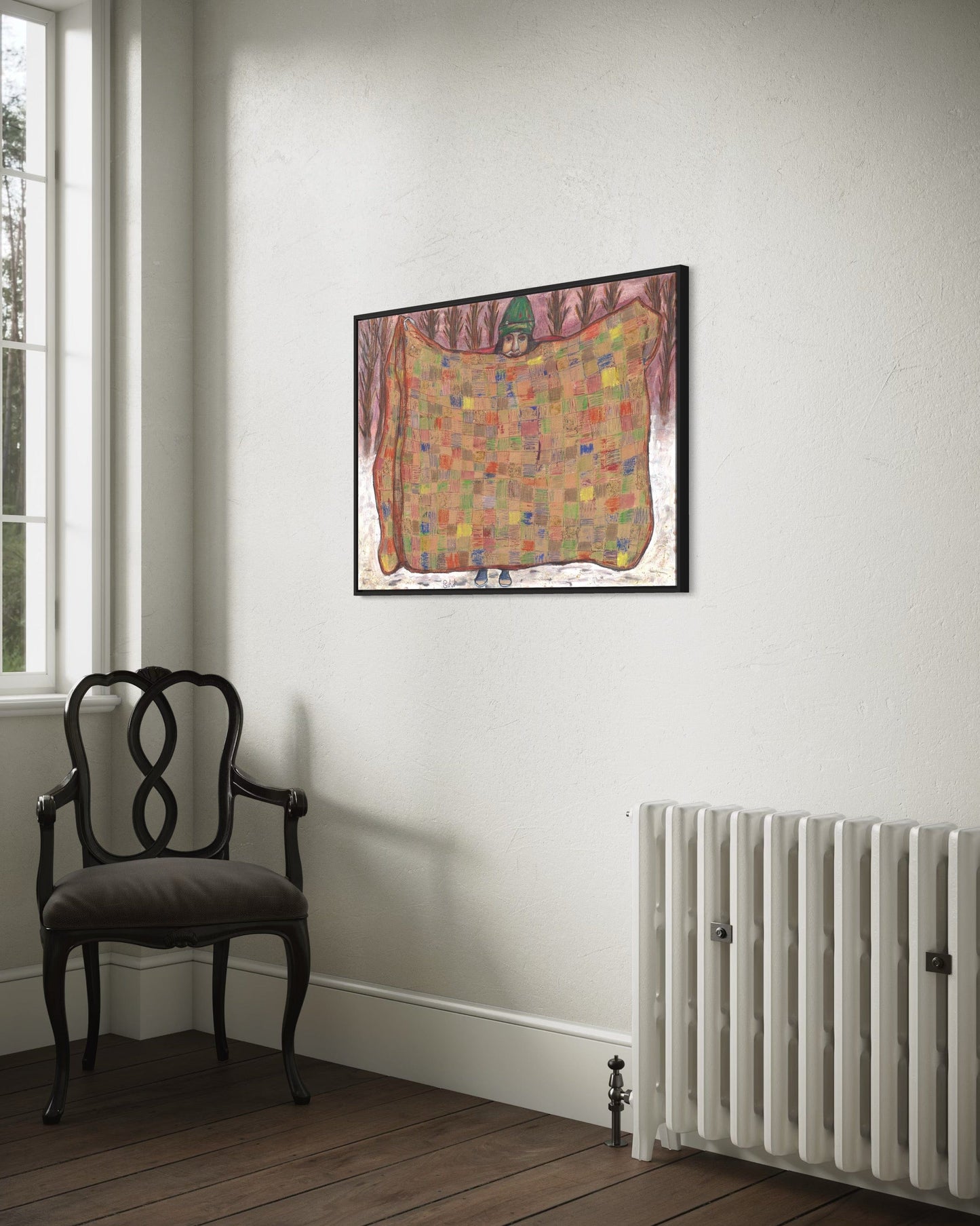 Colorful abstract painting on a white wall above a radiator and chair.