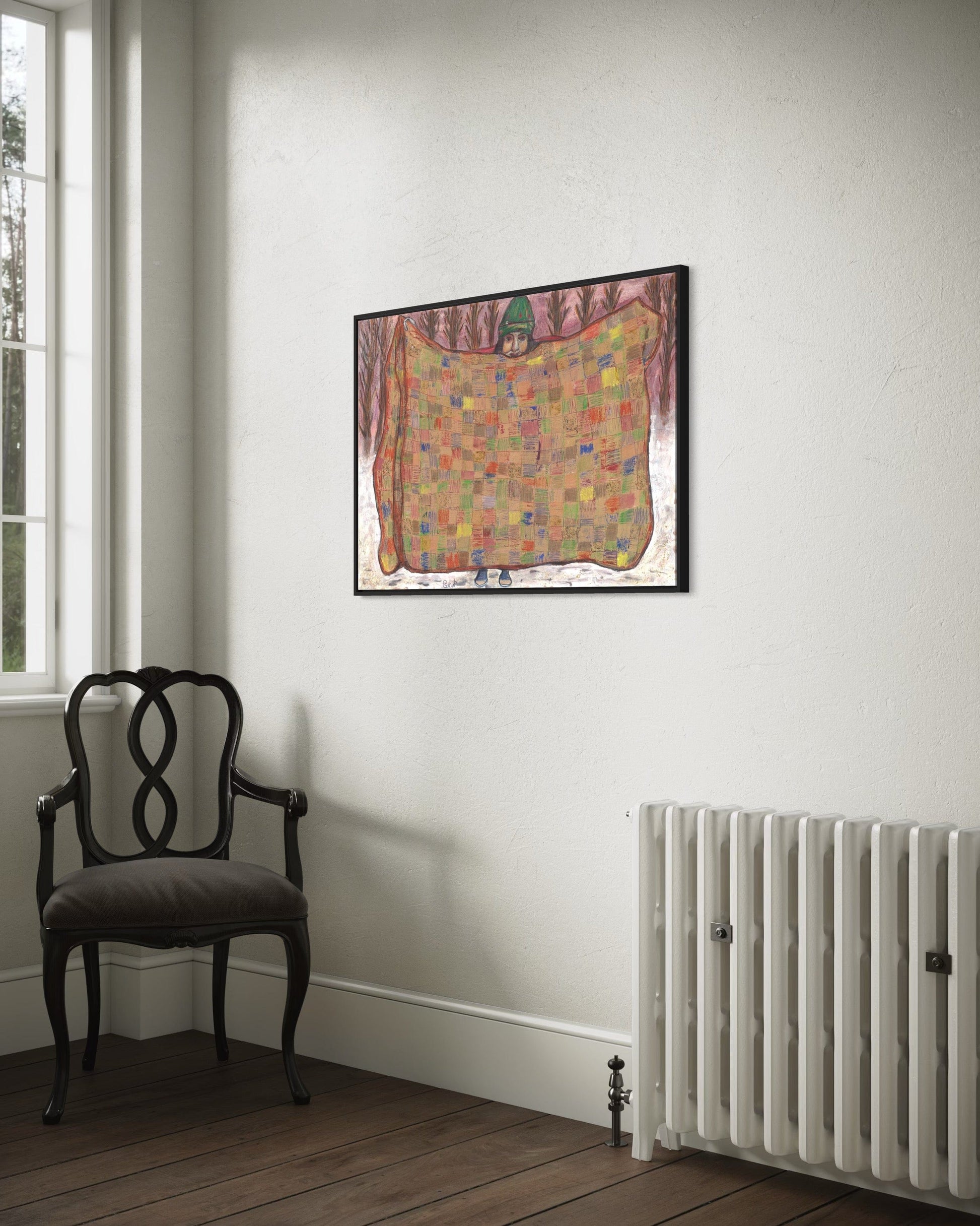 Colorful abstract painting on a white wall above a radiator and chair.