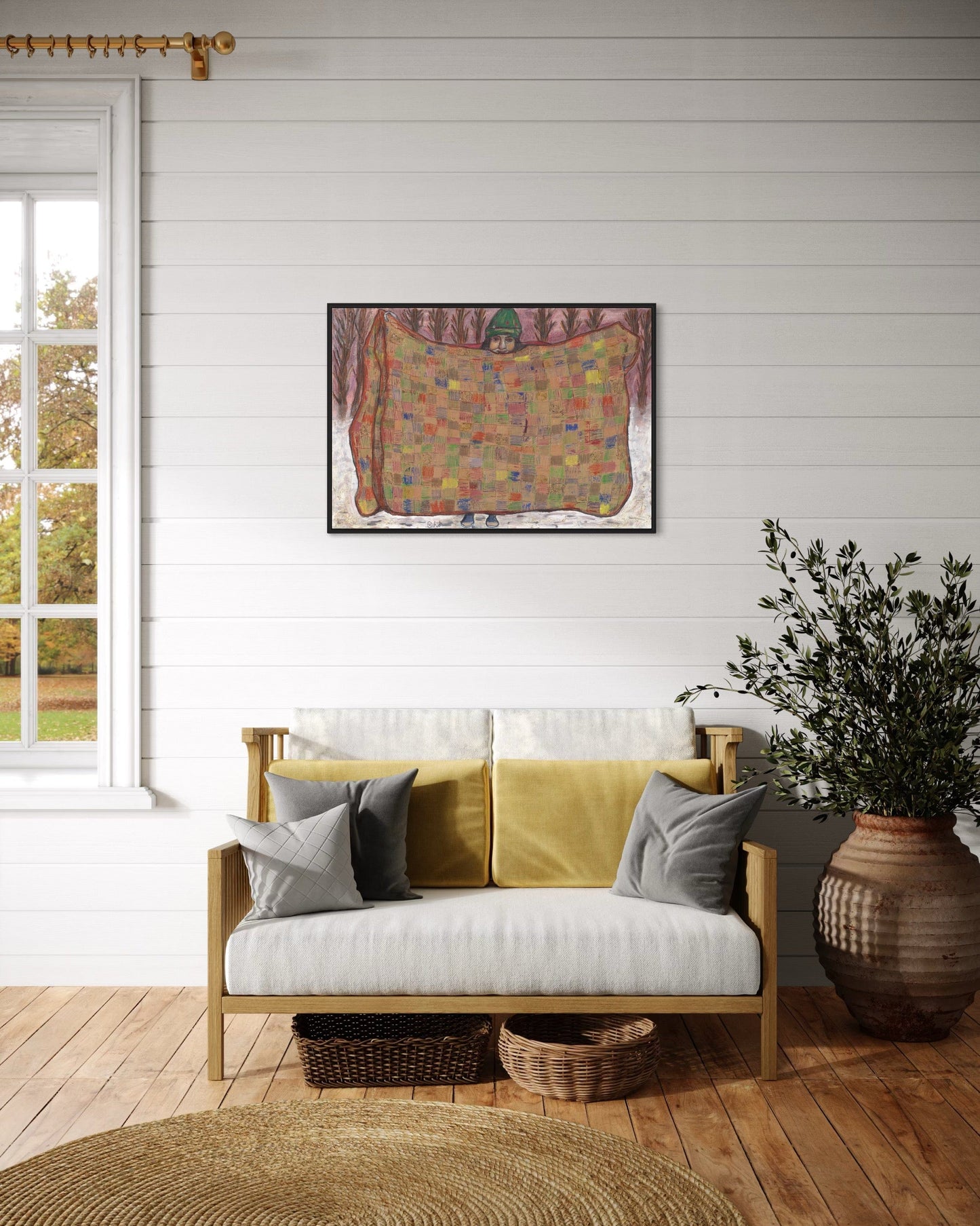 Living room with a yellow sofa, decorative pillows, and a colorful abstract painting on a white wall.