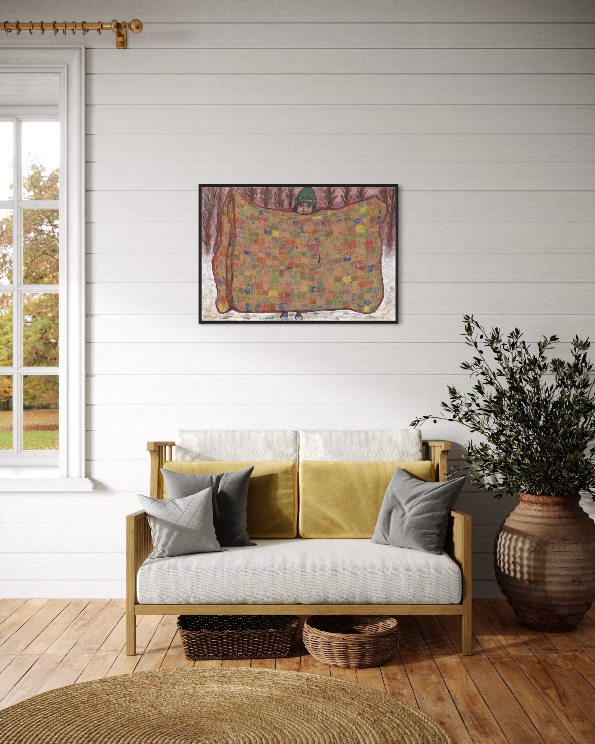 Living room with a yellow sofa, decorative pillows, and a colorful abstract painting on a white wall.