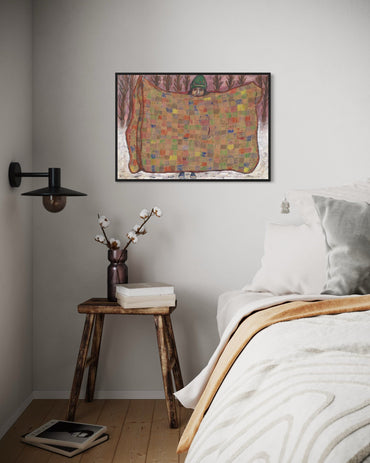 Bedroom with a colorful abstract painting on the wall, wooden side table with books and flowers, and a bed with white bedding.