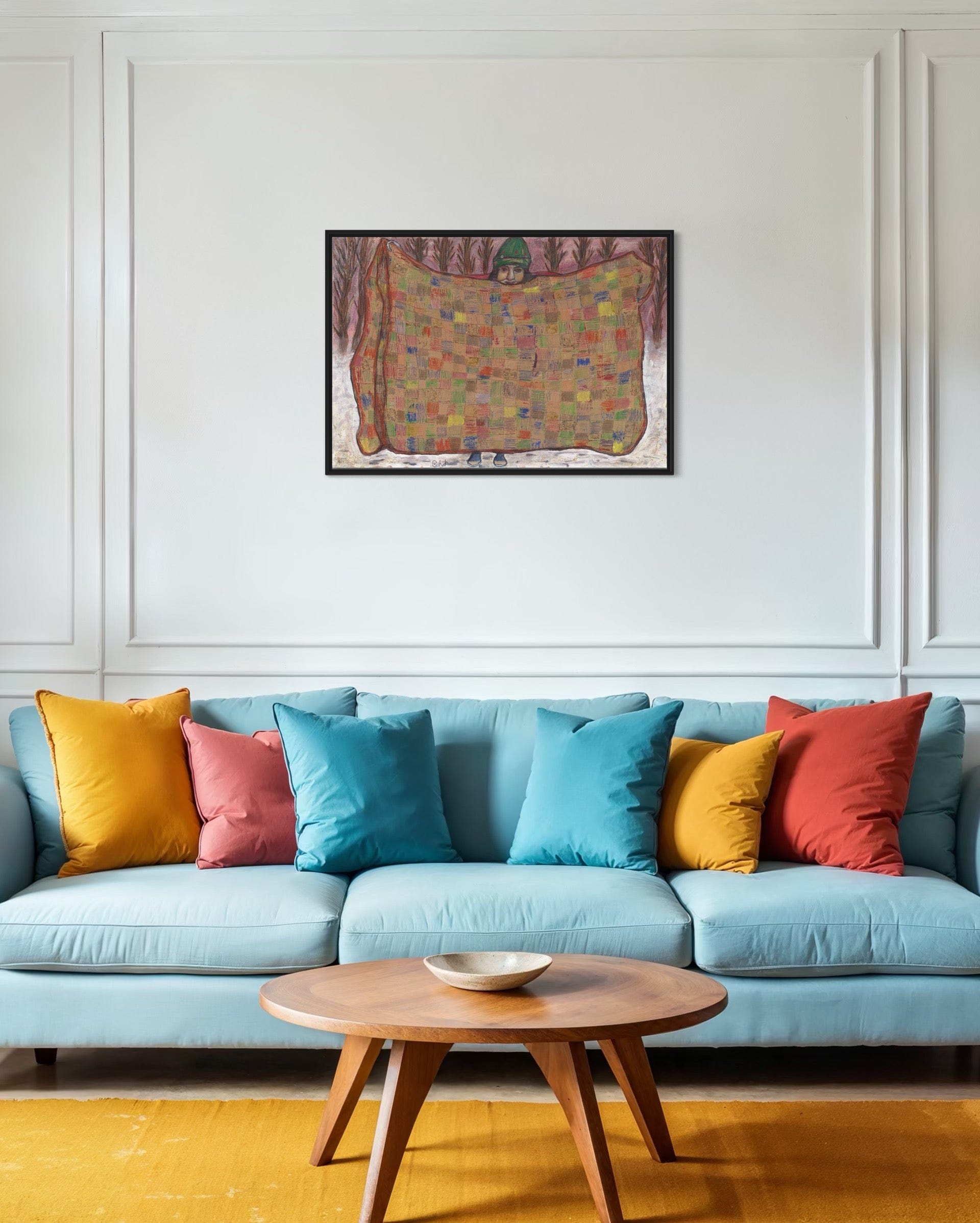 Colorful sofa with patterned cushions in a living room setting.