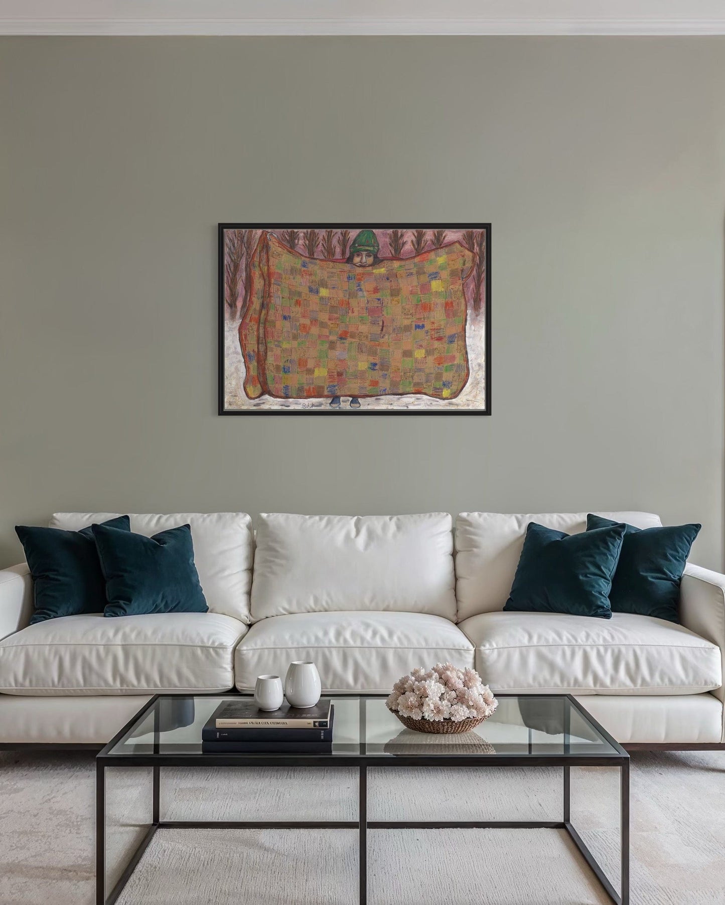 Living room with a white sofa, glass coffee table, and colorful abstract painting on the wall.