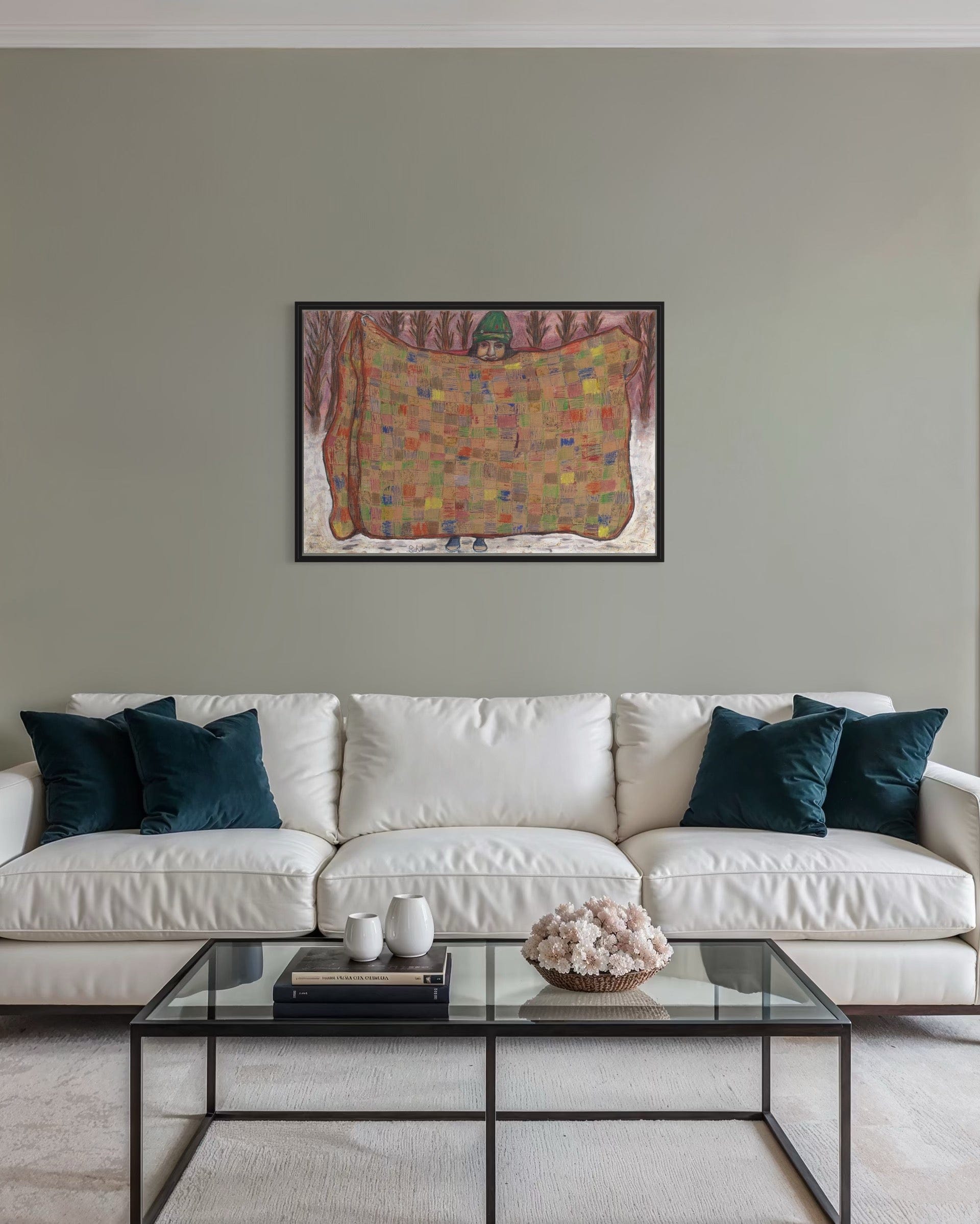 Living room with a white sofa, glass coffee table, and colorful abstract painting on the wall.
