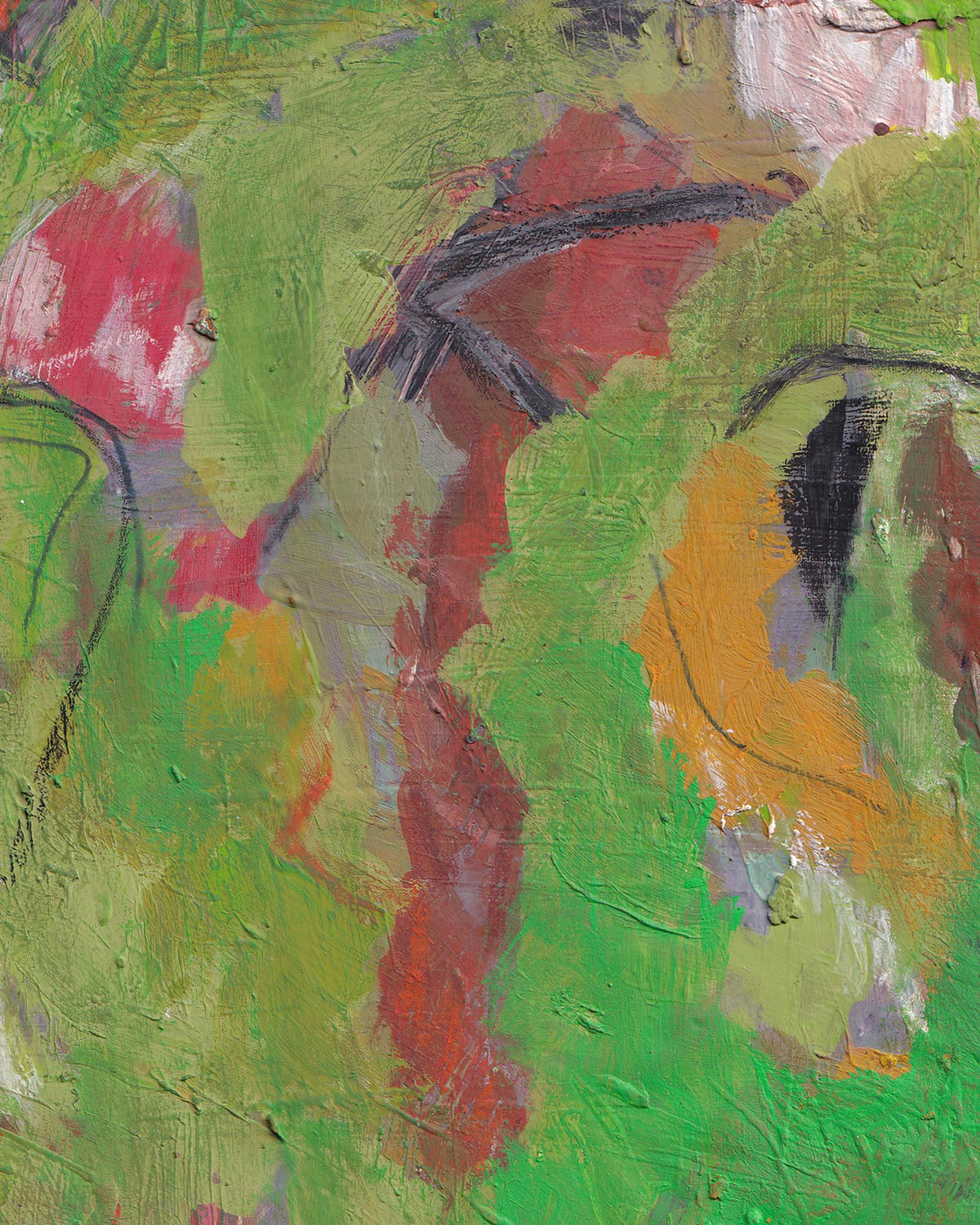 Abstract painting with a mix of green, red, and yellow colors.