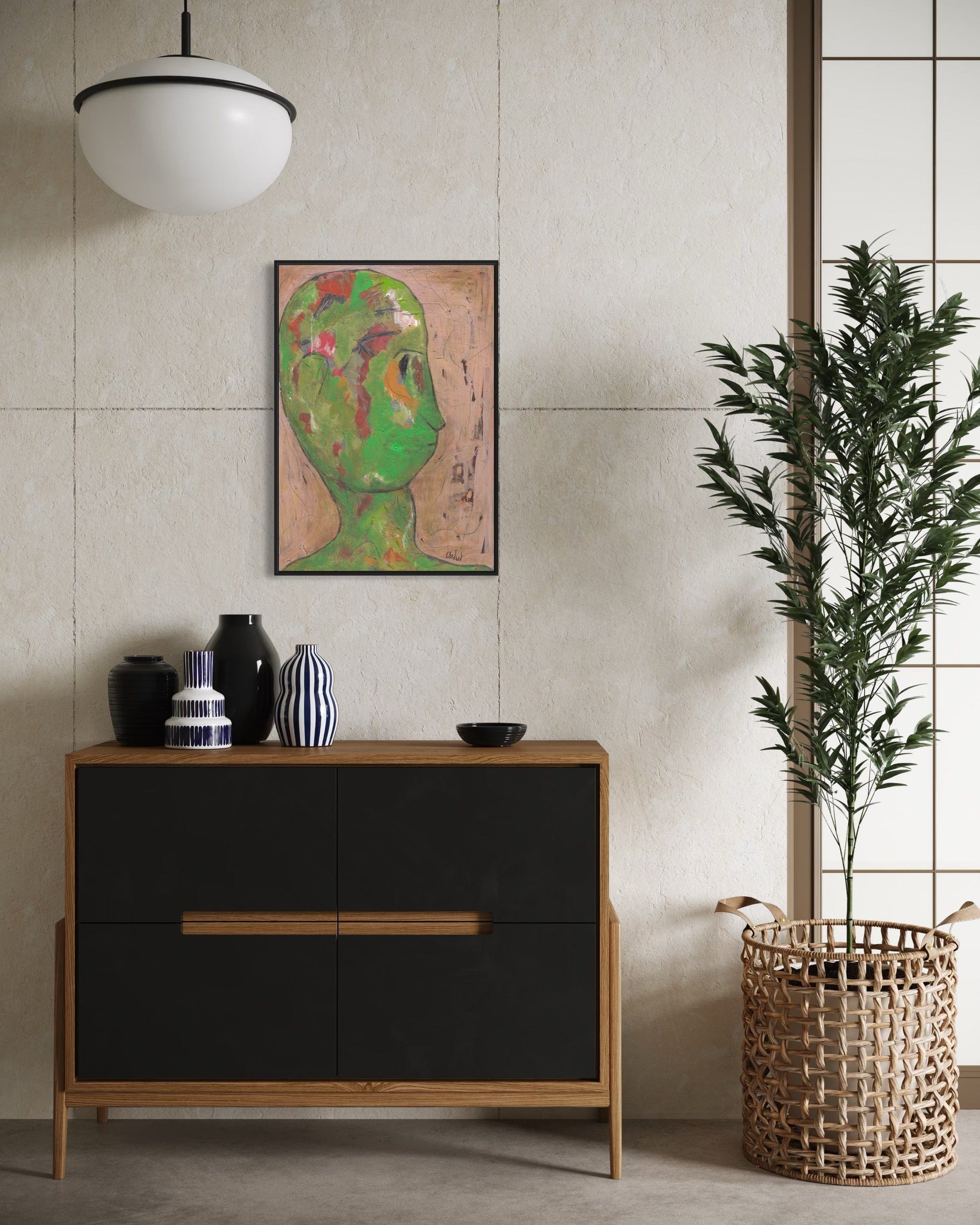 Modern interior with a black and wood dresser, decorative vases, and a painting on a beige wall.