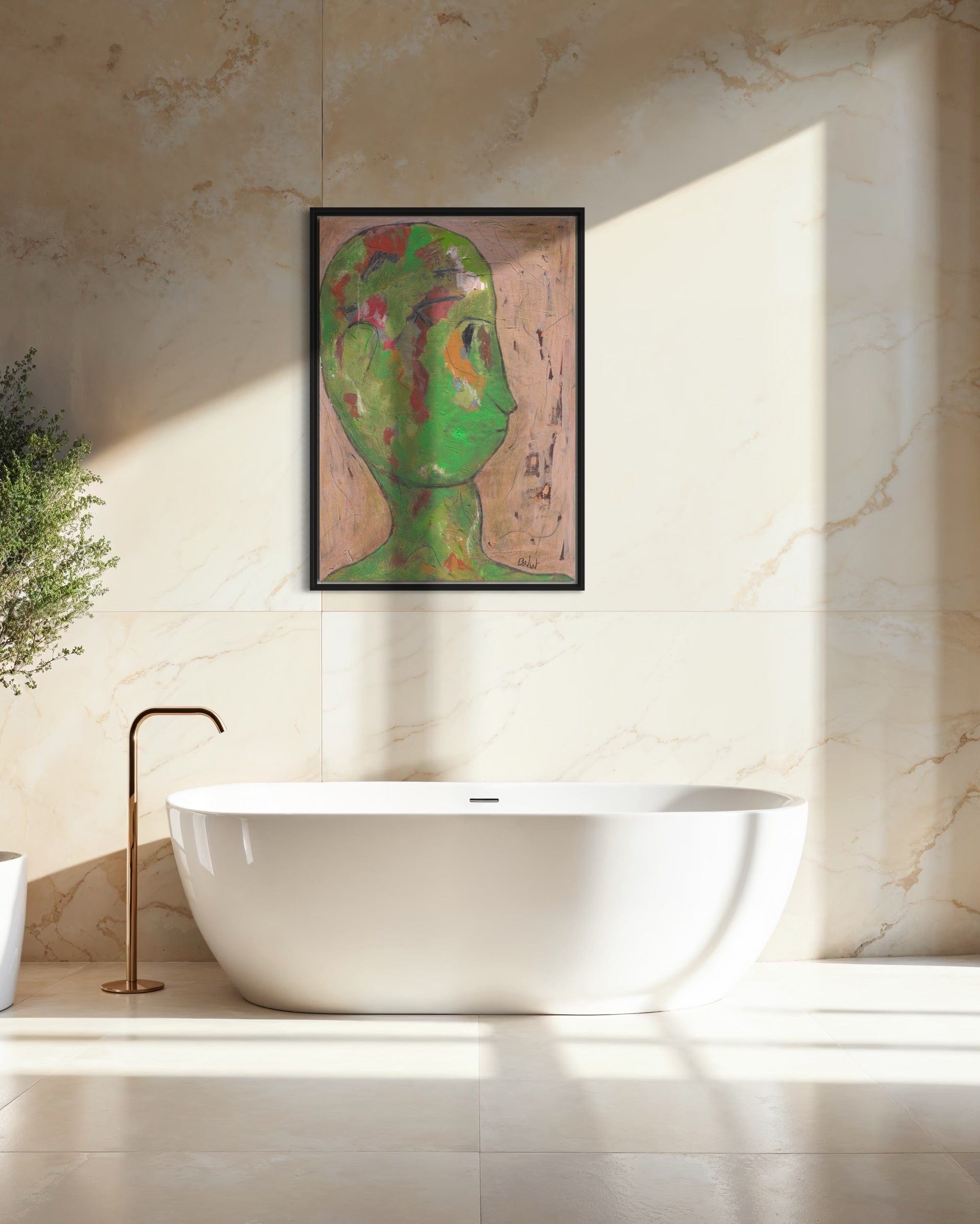 Bathroom with a freestanding bathtub and abstract painting on the wall.
