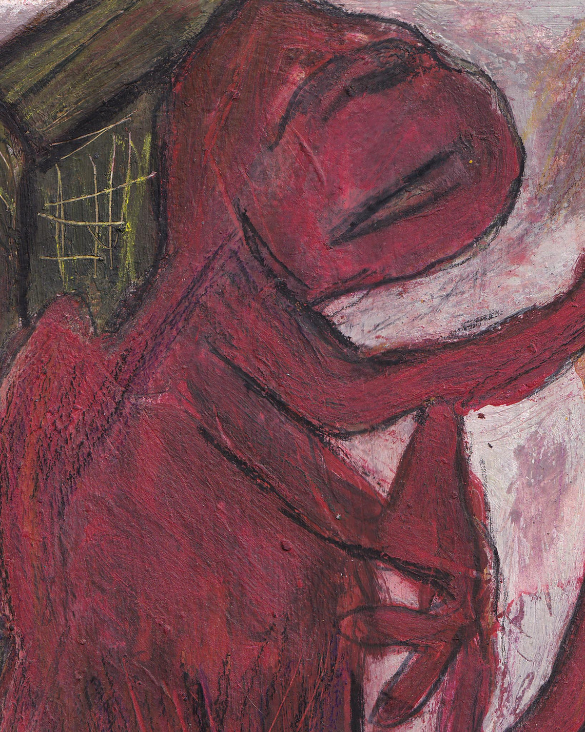 Abstract artwork with a prominent red figure against a multicolored background