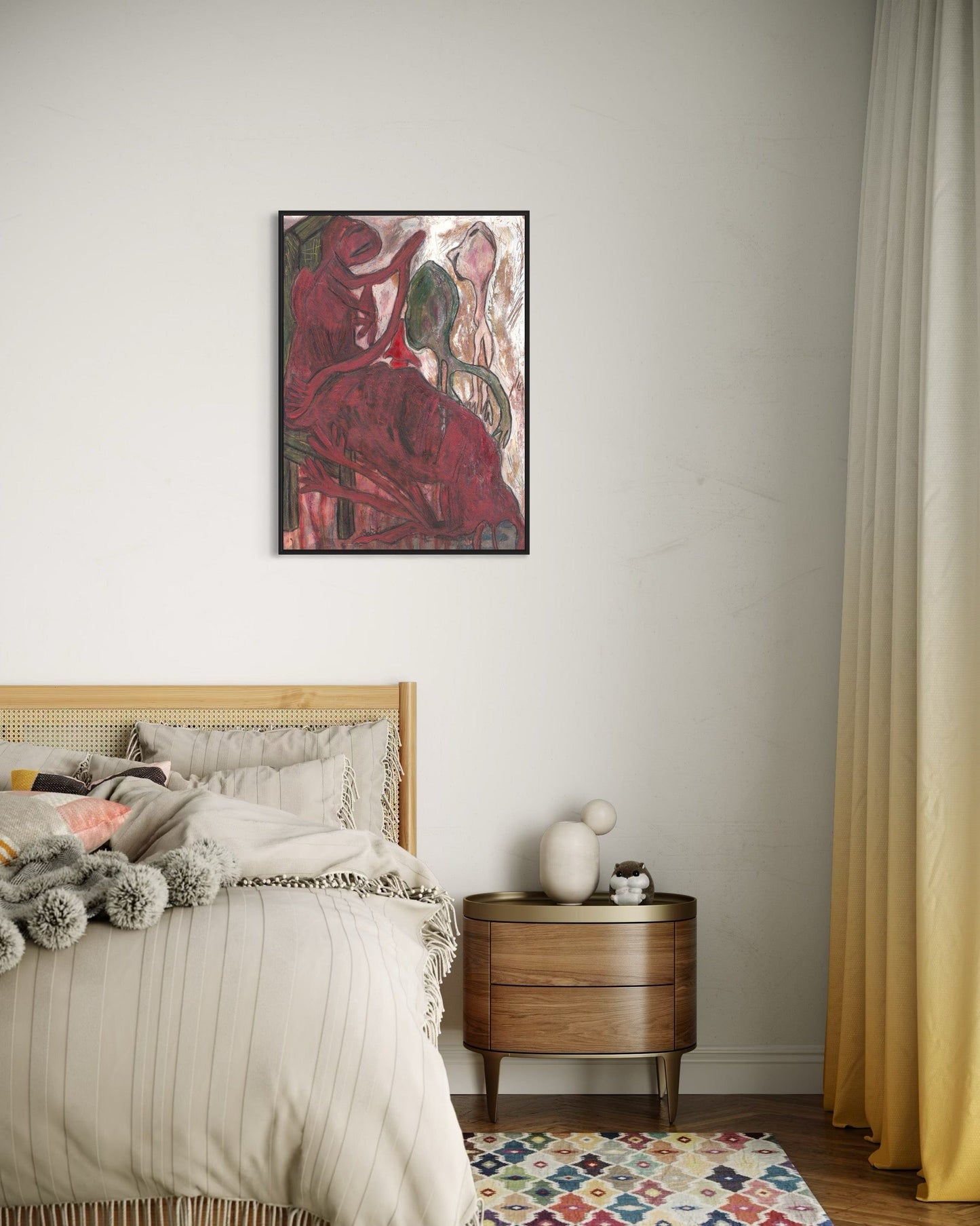 Bedroom with a colorful abstract painting on the wall, wooden nightstand, and bed with pillows.