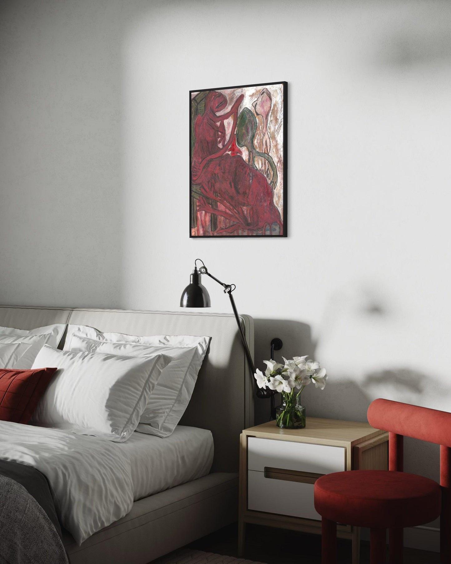 Modern bedroom with a bed, nightstand, and wall art.