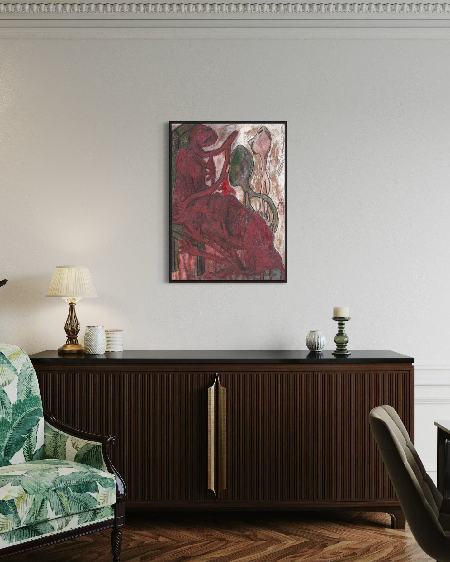 Living room with a dark wooden sideboard, floral armchair, and abstract painting on the wall.