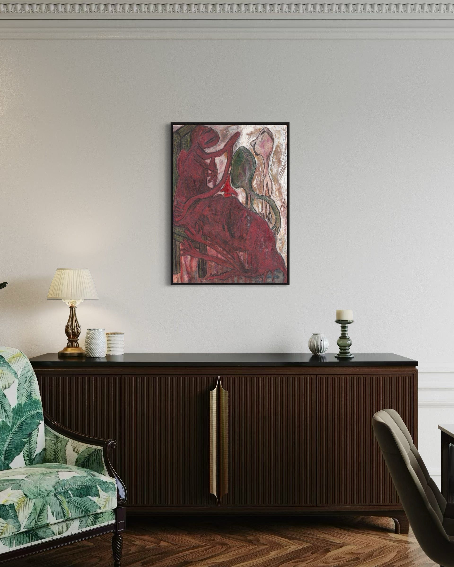 Living room with a dark wooden sideboard, floral armchair, and abstract painting on the wall.