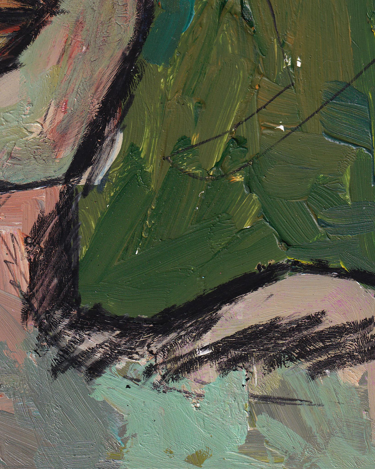 Abstract painting with green, black, and brown colors