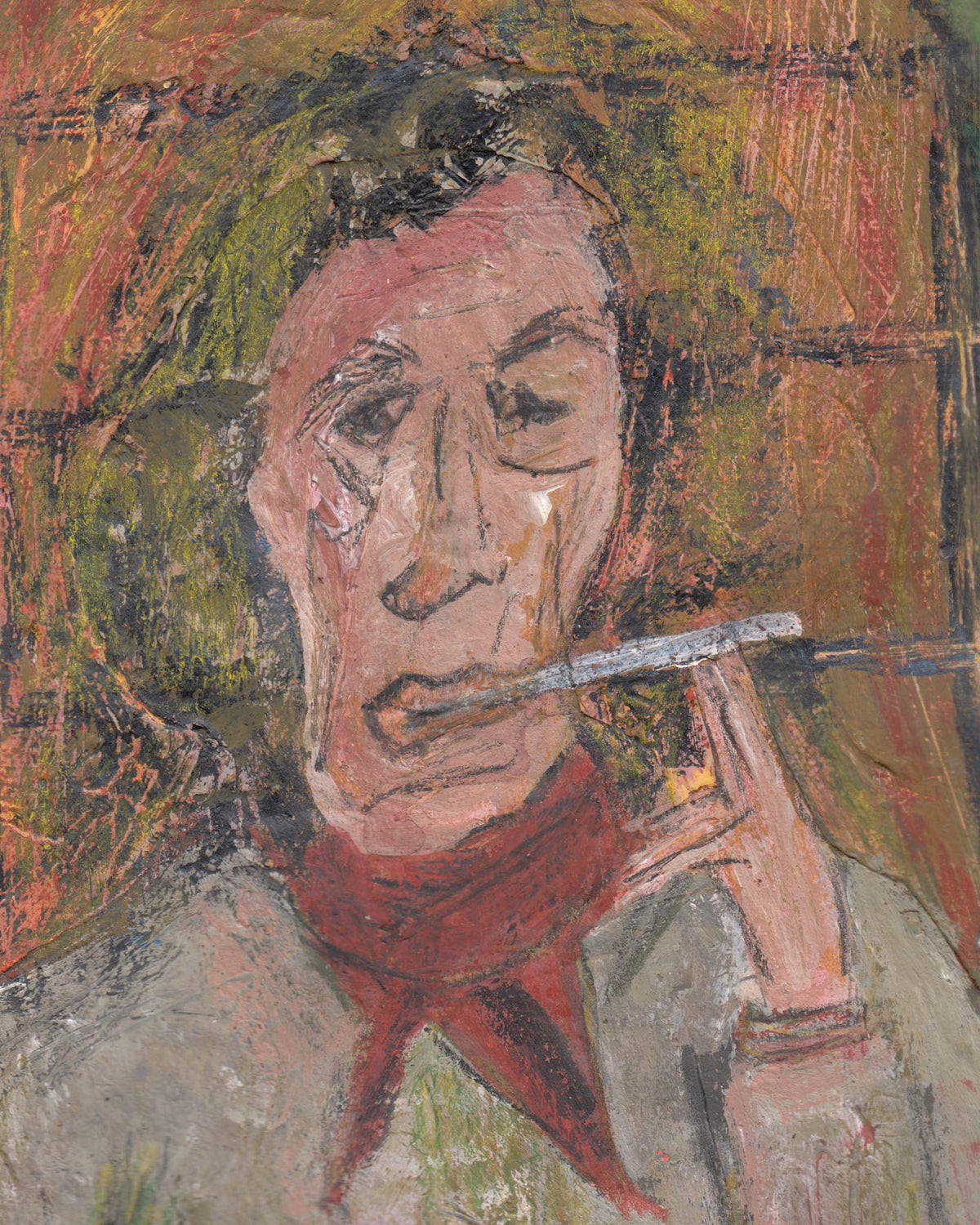 Artistic depiction of a person with a red scarf and a toothbrush, with abstract background