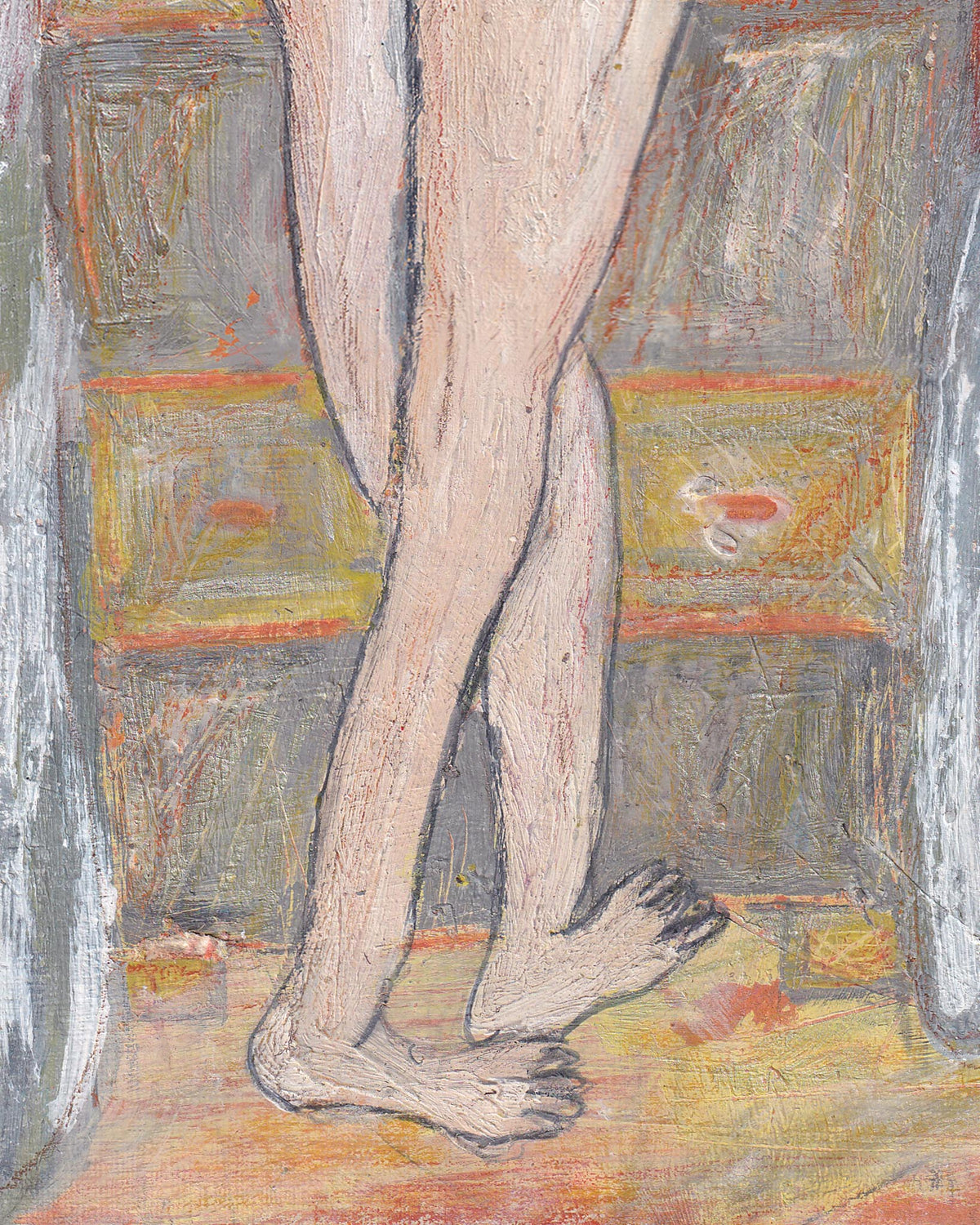 Painting of a person's legs and feet with a textured background