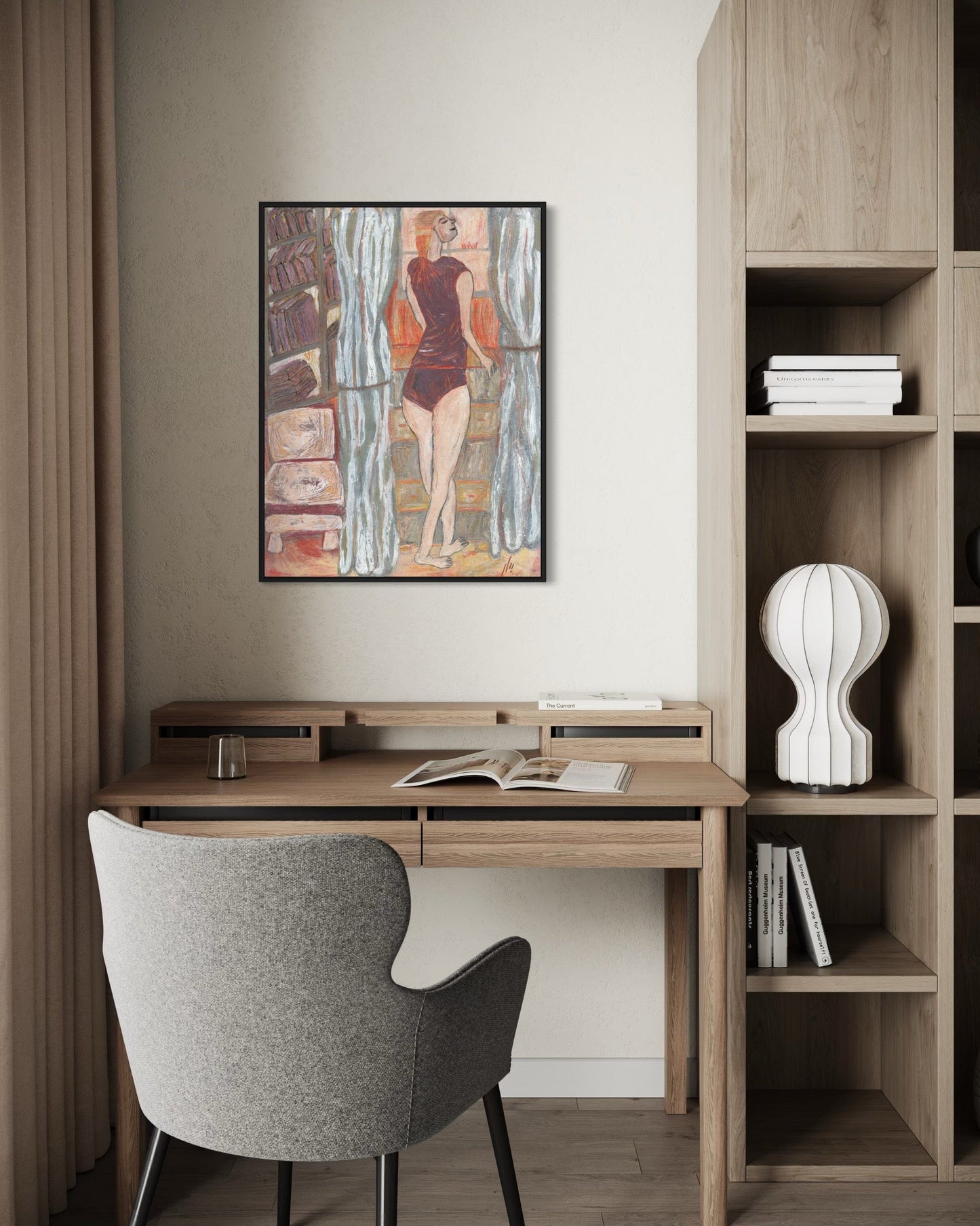 Modern home office with wooden desk, chair, and bookshelf.