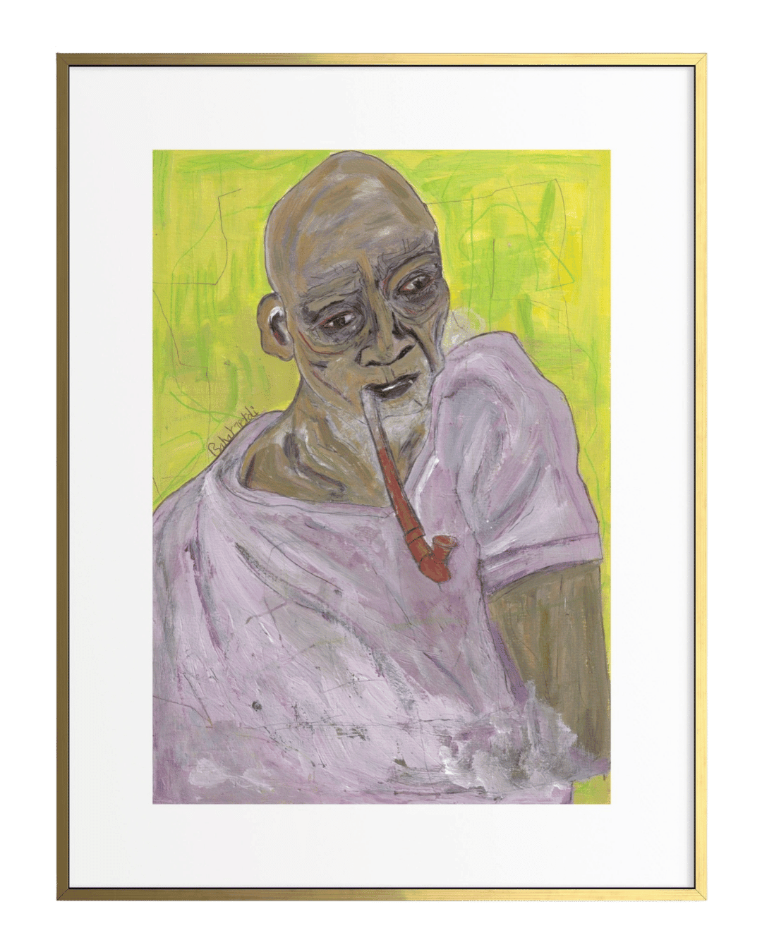 Framed artwork of a bald figure with a pipe against a green background