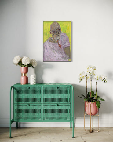 Green metal cabinet with decorative items in a room with a portrait on the wall.