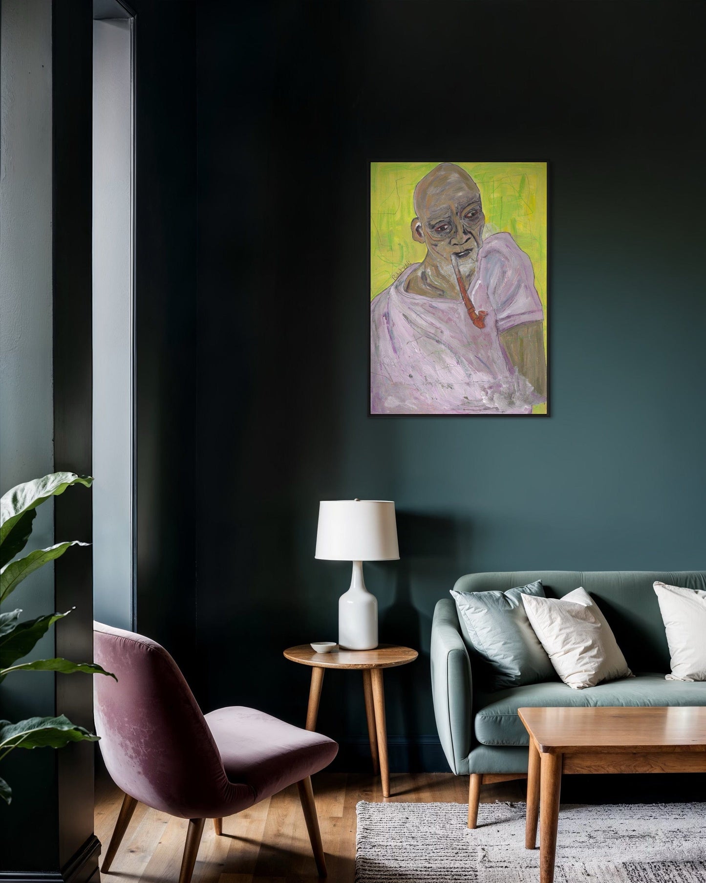 Living room with a painting of a person on the wall, a lamp, and a sofa.