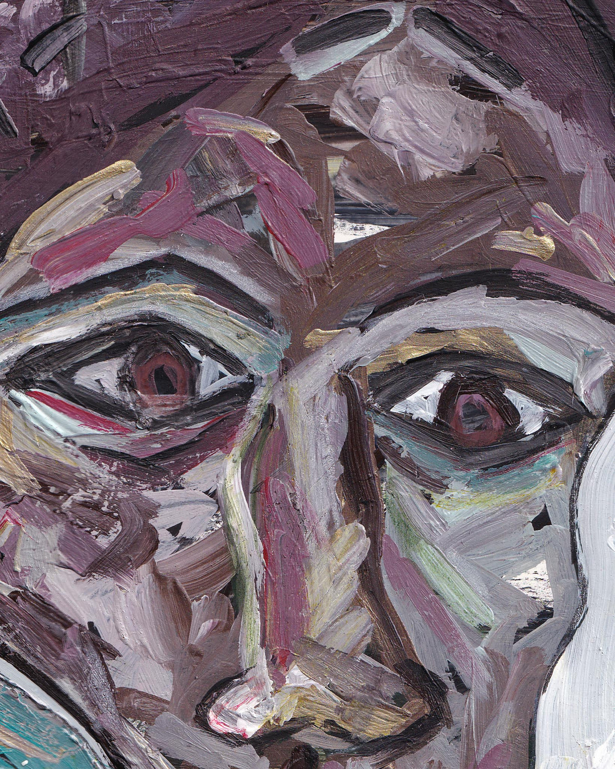 Abstract painting of a face with prominent eyes in shades of brown, pink, and white.