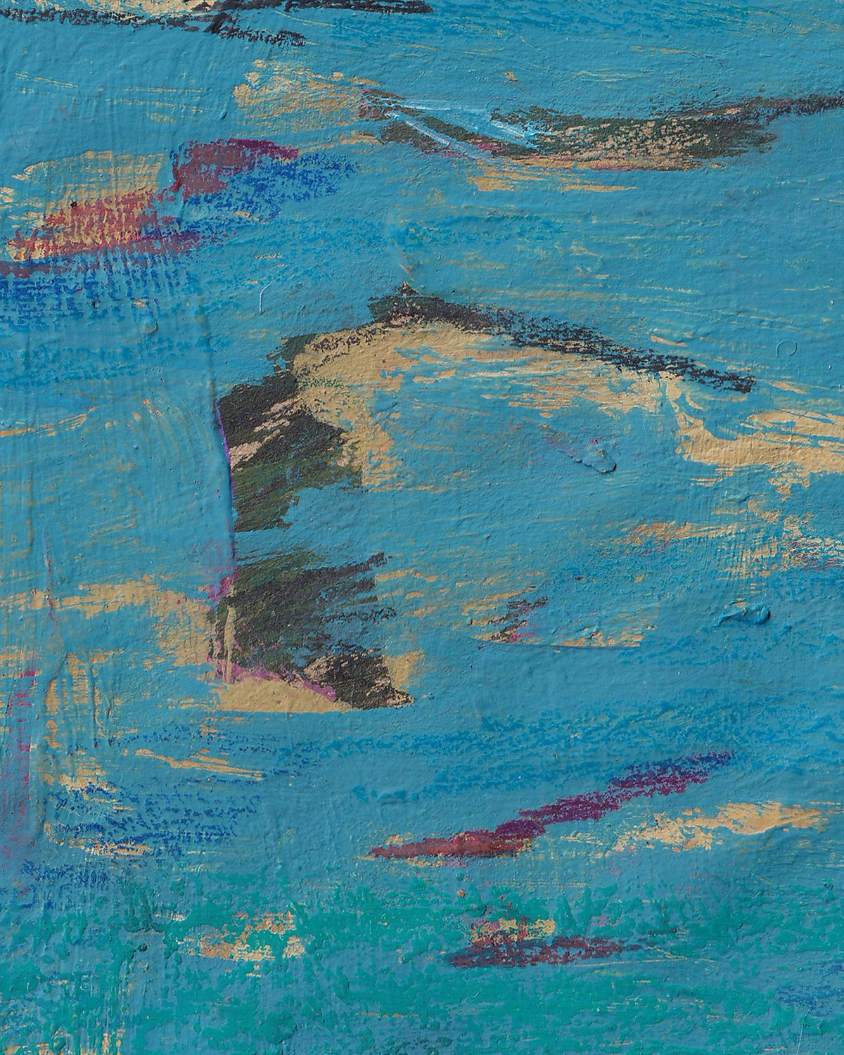 Abstract art with blue, black, and purple colors on a textured surface