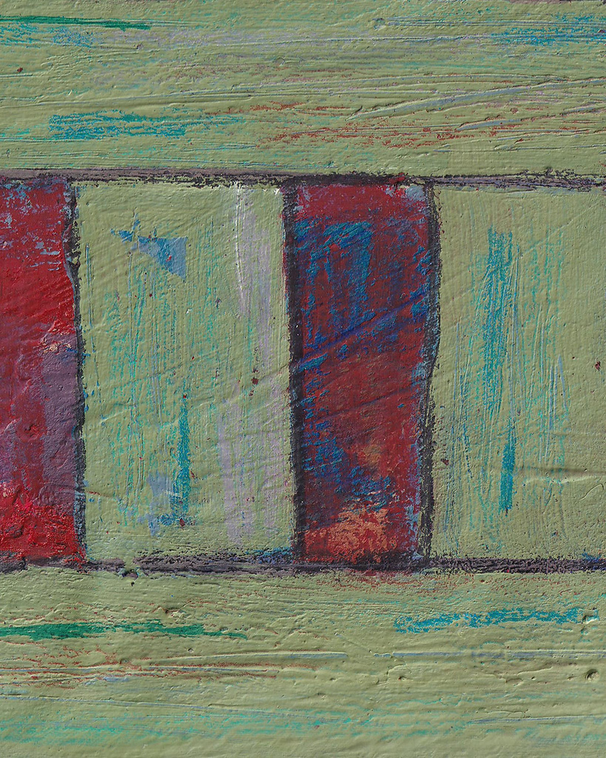 Abstract art with red, green, and blue colors on a textured surface