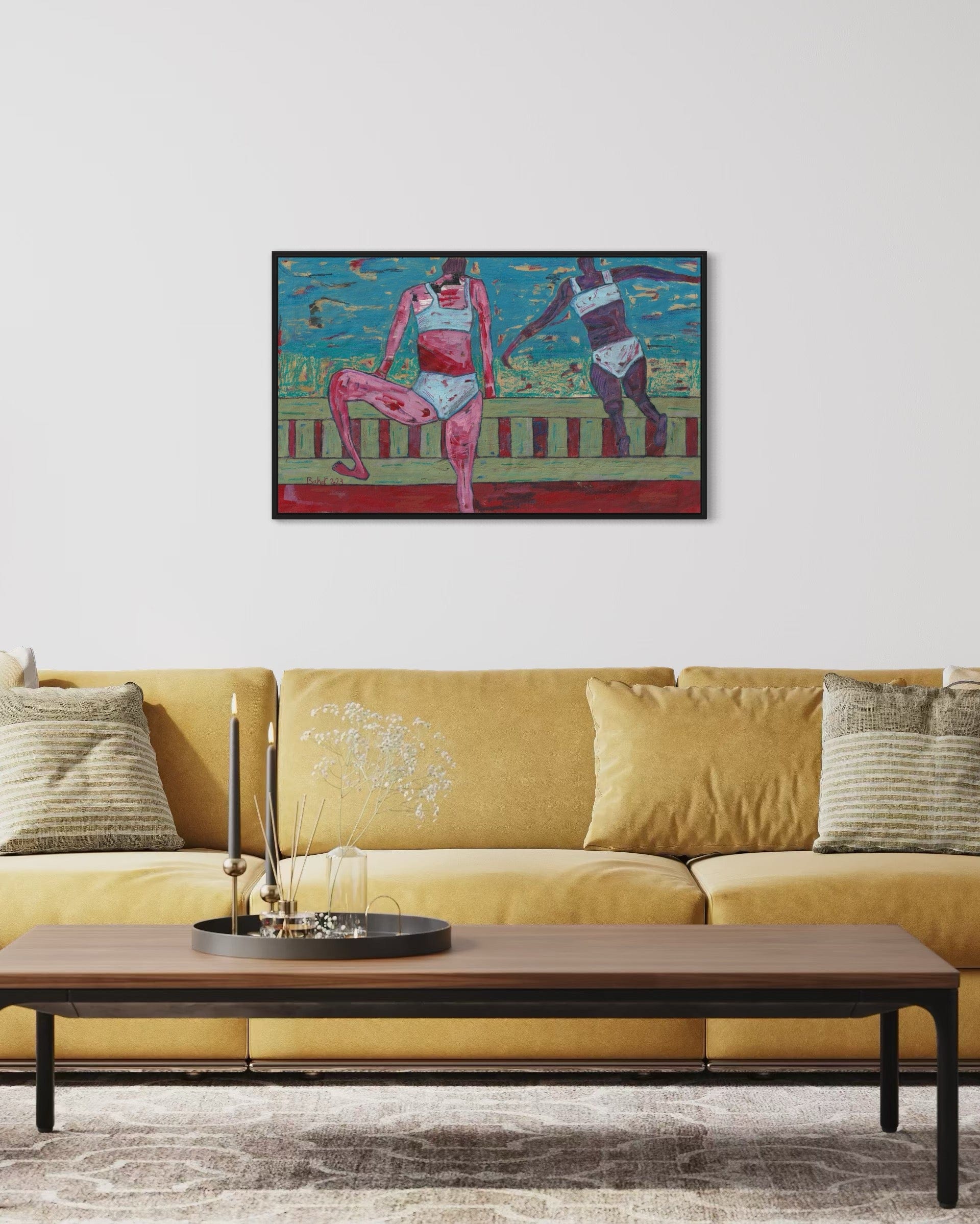 Living room with a yellow sofa, wooden coffee table, and abstract painting on the wall.