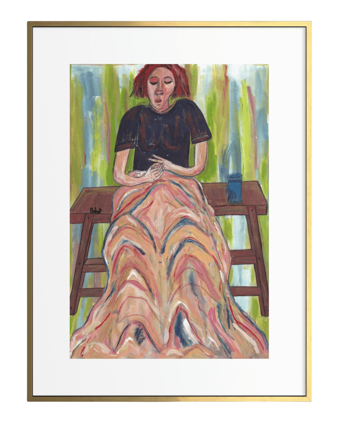 Framed artwork of a woman sitting on a bench with a colorful dress.