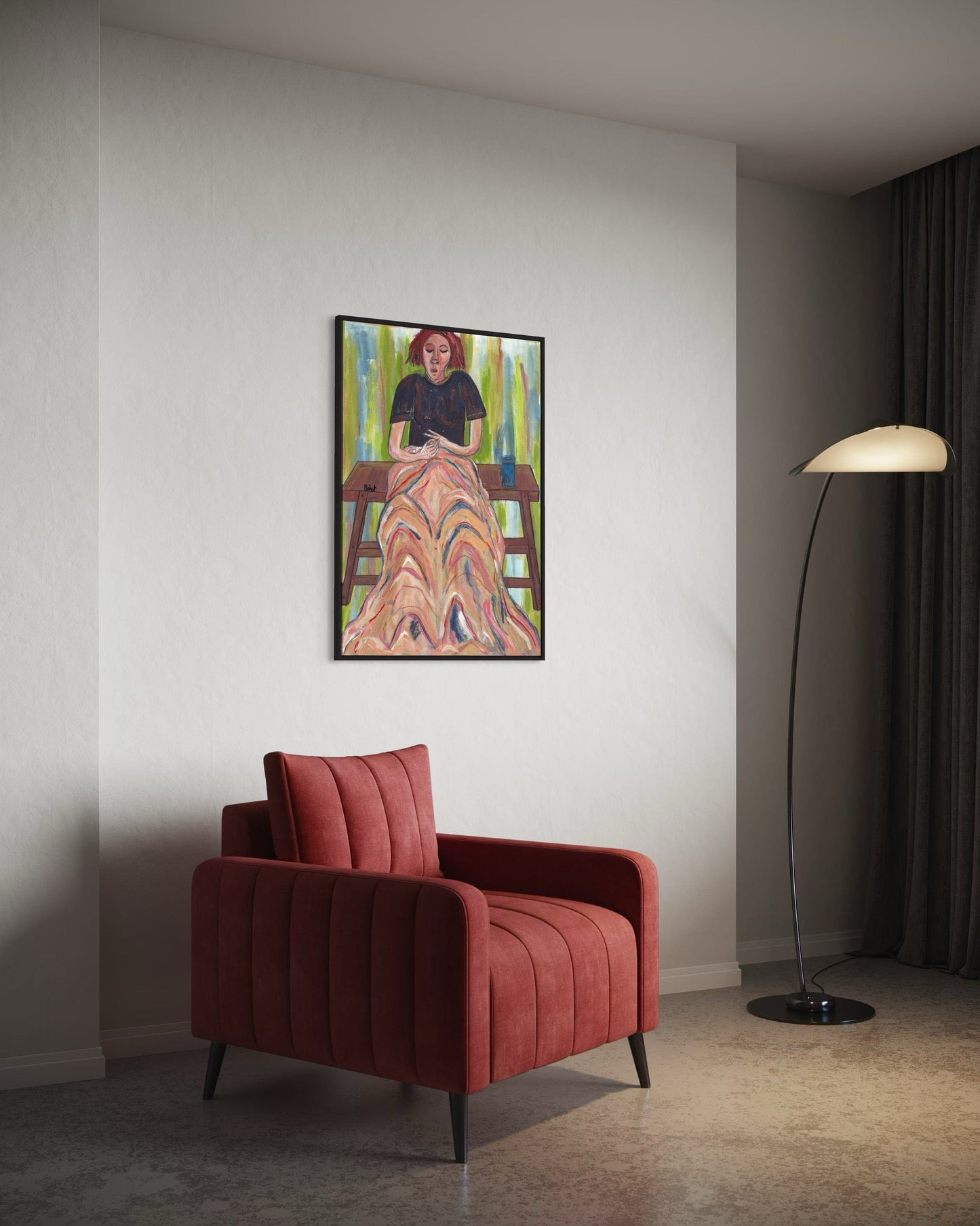Red armchair in a room with a painting on the wall and a floor lamp.