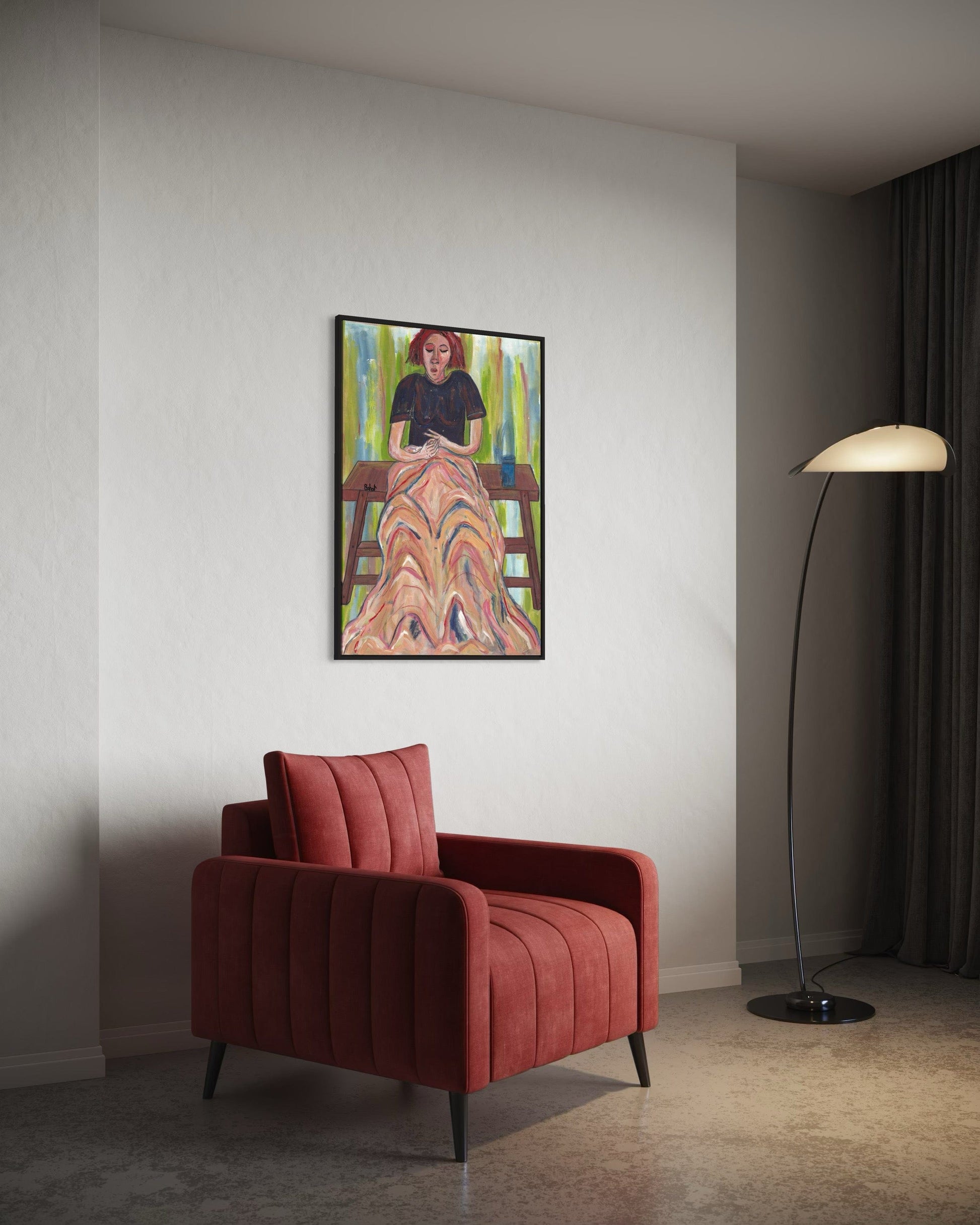 Red armchair in a room with a painting on the wall and a floor lamp.