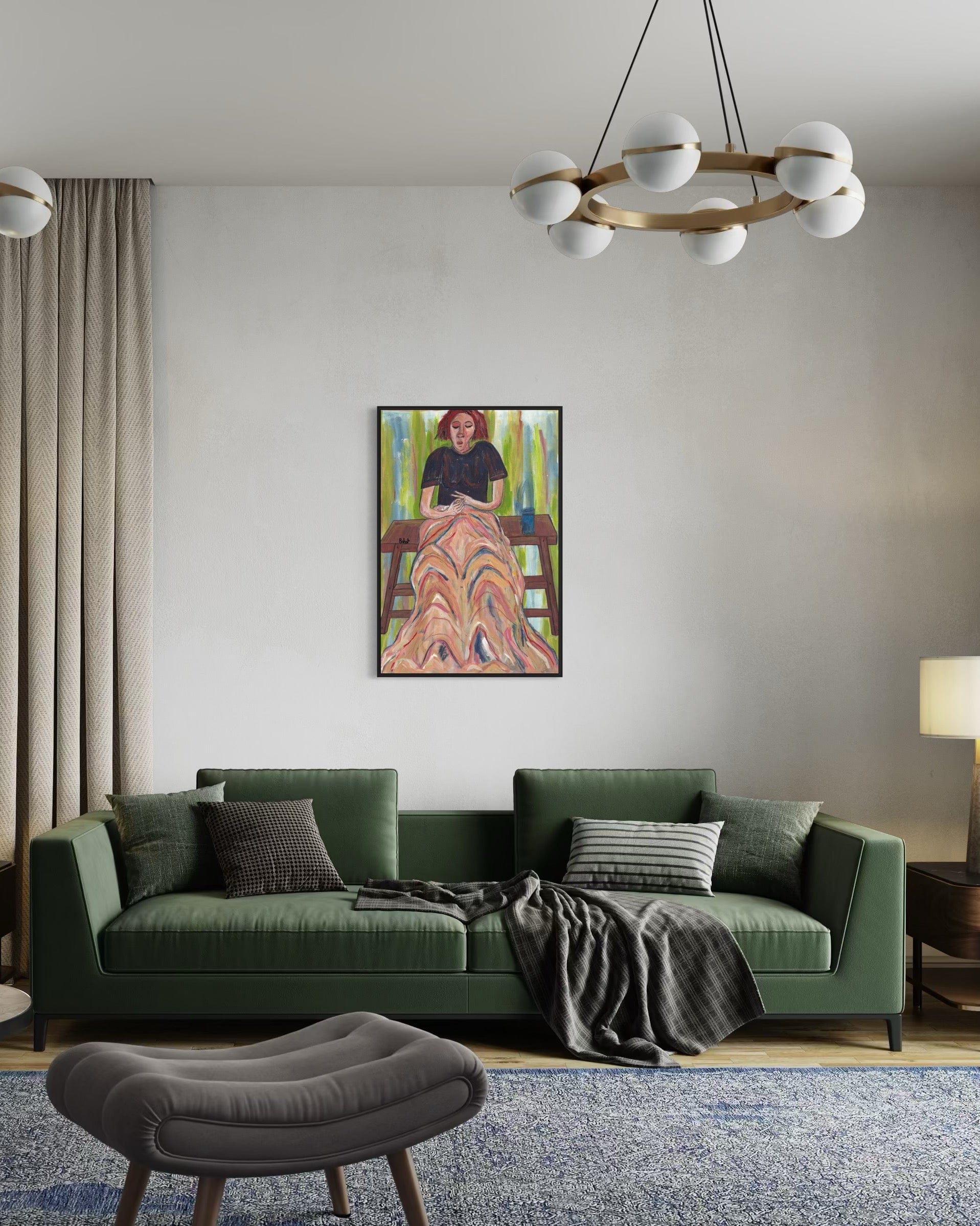 Living room with a green sofa, gray ottoman, and colorful painting on the wall.