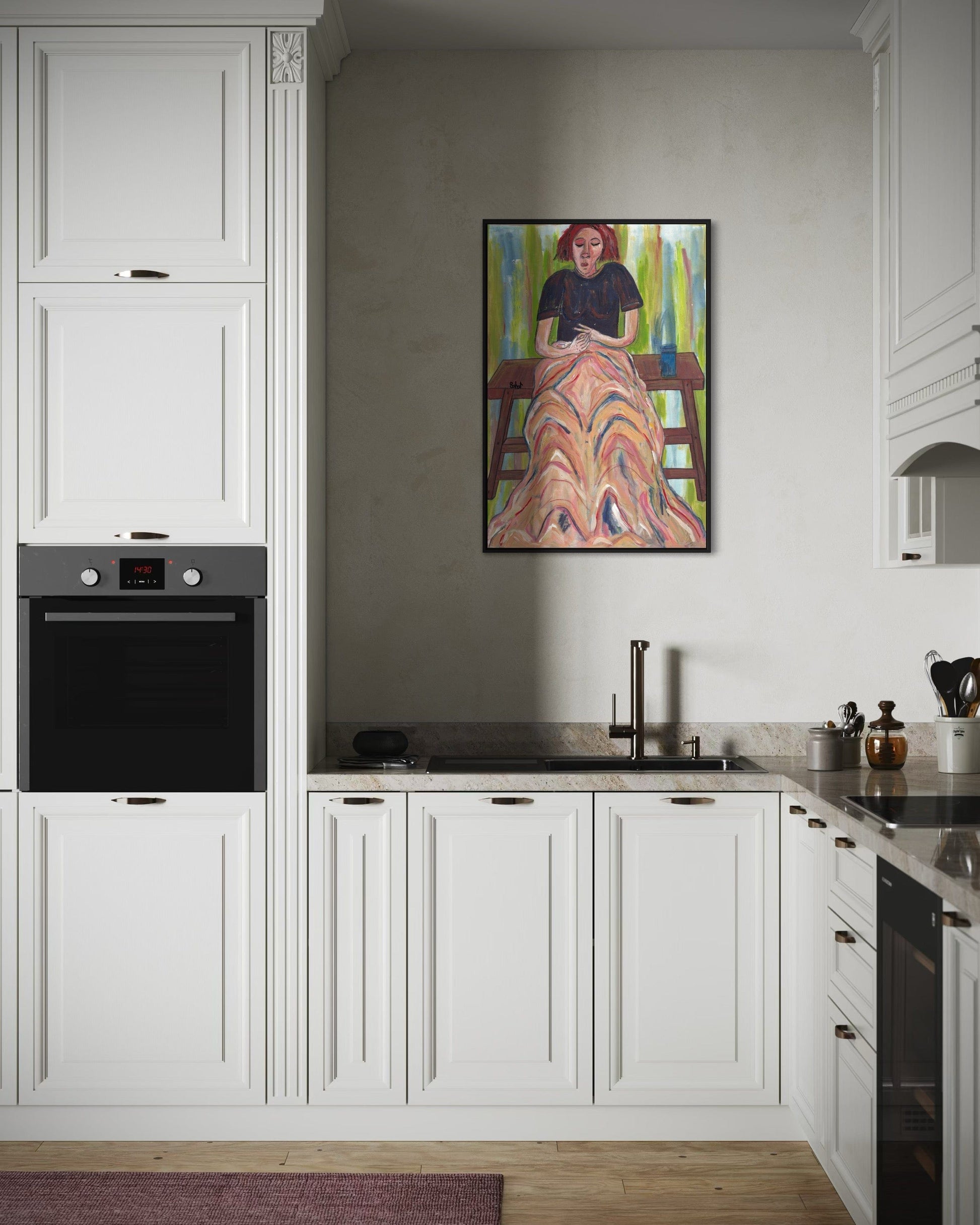 Modern kitchen with white cabinets, black appliances, and a colorful painting on the wall.