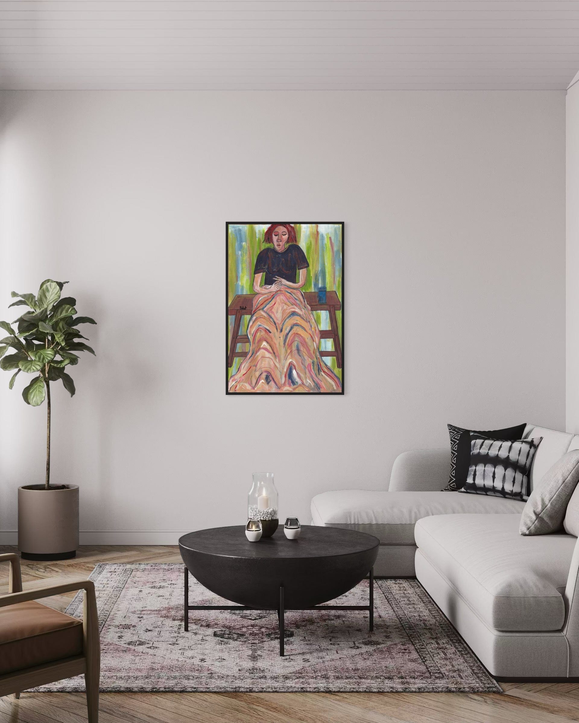 Living room with a modern sofa, coffee table, and a colorful painting on the wall.