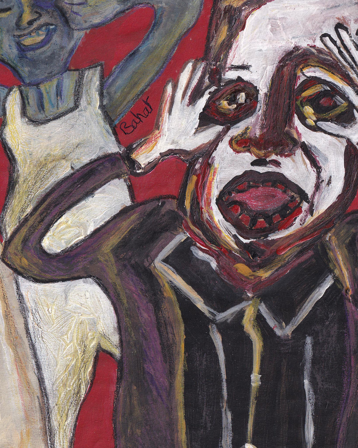 Abstract artwork with a figure and a dog on a red background