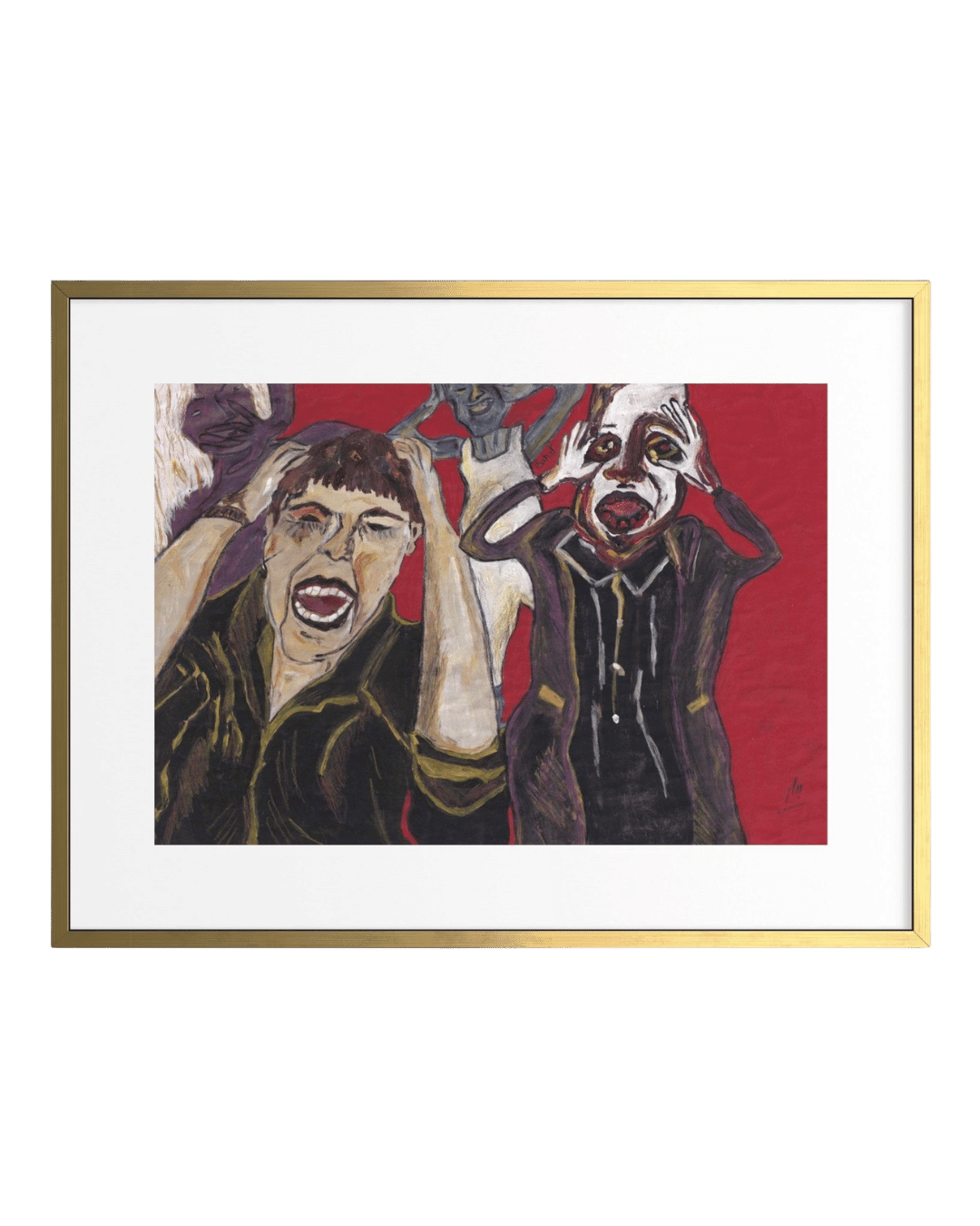 Framed artwork of two figures with expressive faces on a red background.